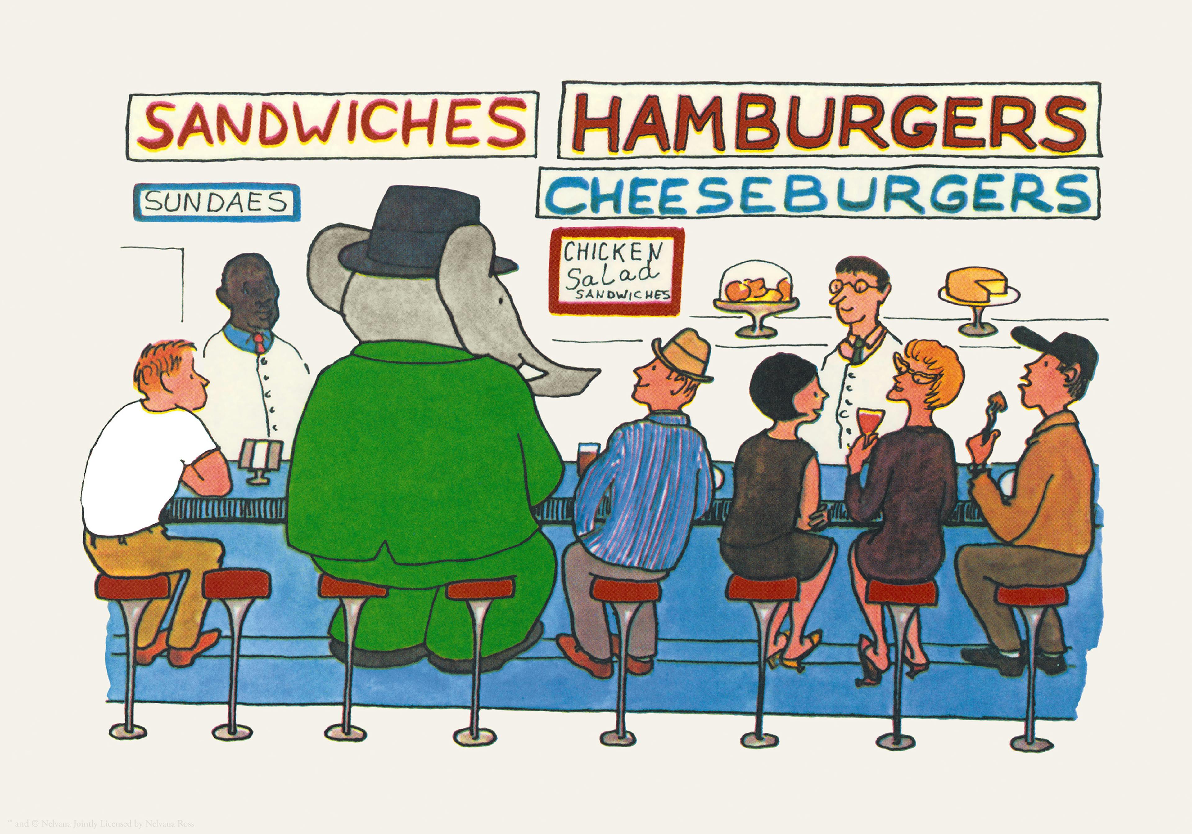 Babar the elephant in a green suit and black hat sits at a diner counter with other patrons in this classic childrens book illus