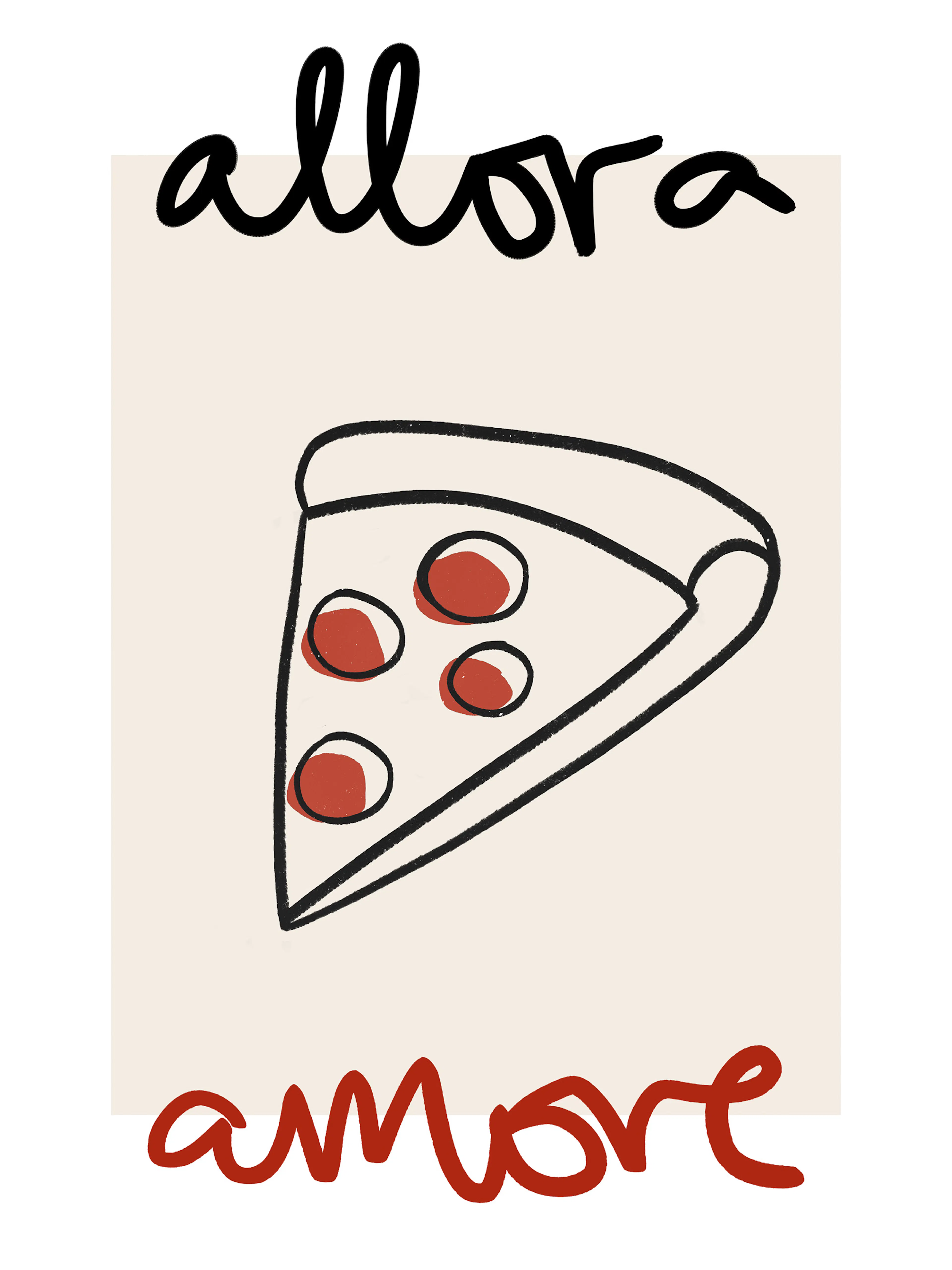Plakat z kawałkiem pizzy w stylu minimalistycznym, z napisem Allora Amore w czerni i czerwieni. Idealny do kuchni.