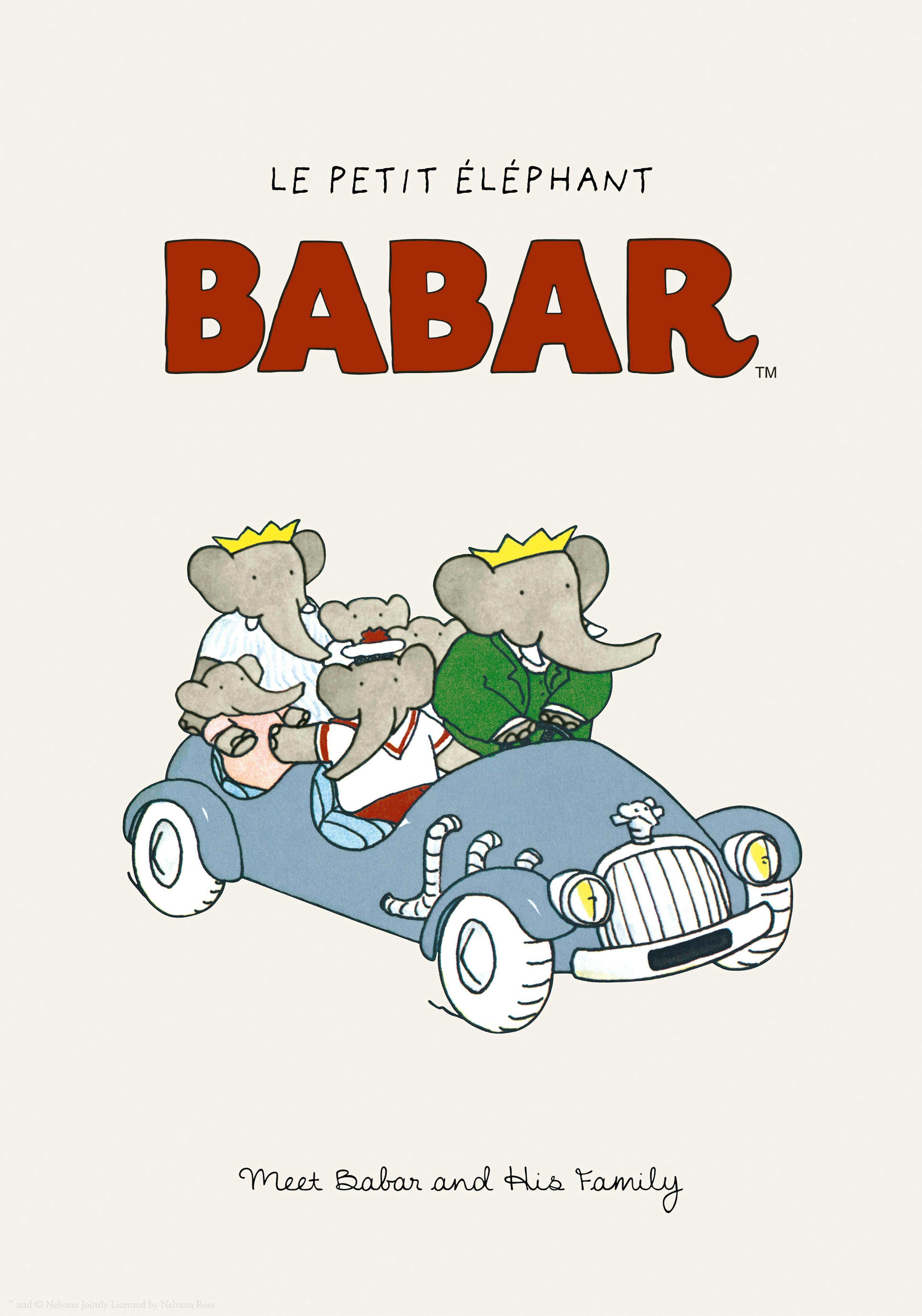 Babar und seine Elefantenfamilie in einem hellblauen Cabriolet auf beigefarbenem Poster, klassischer Kinderbuchstil.