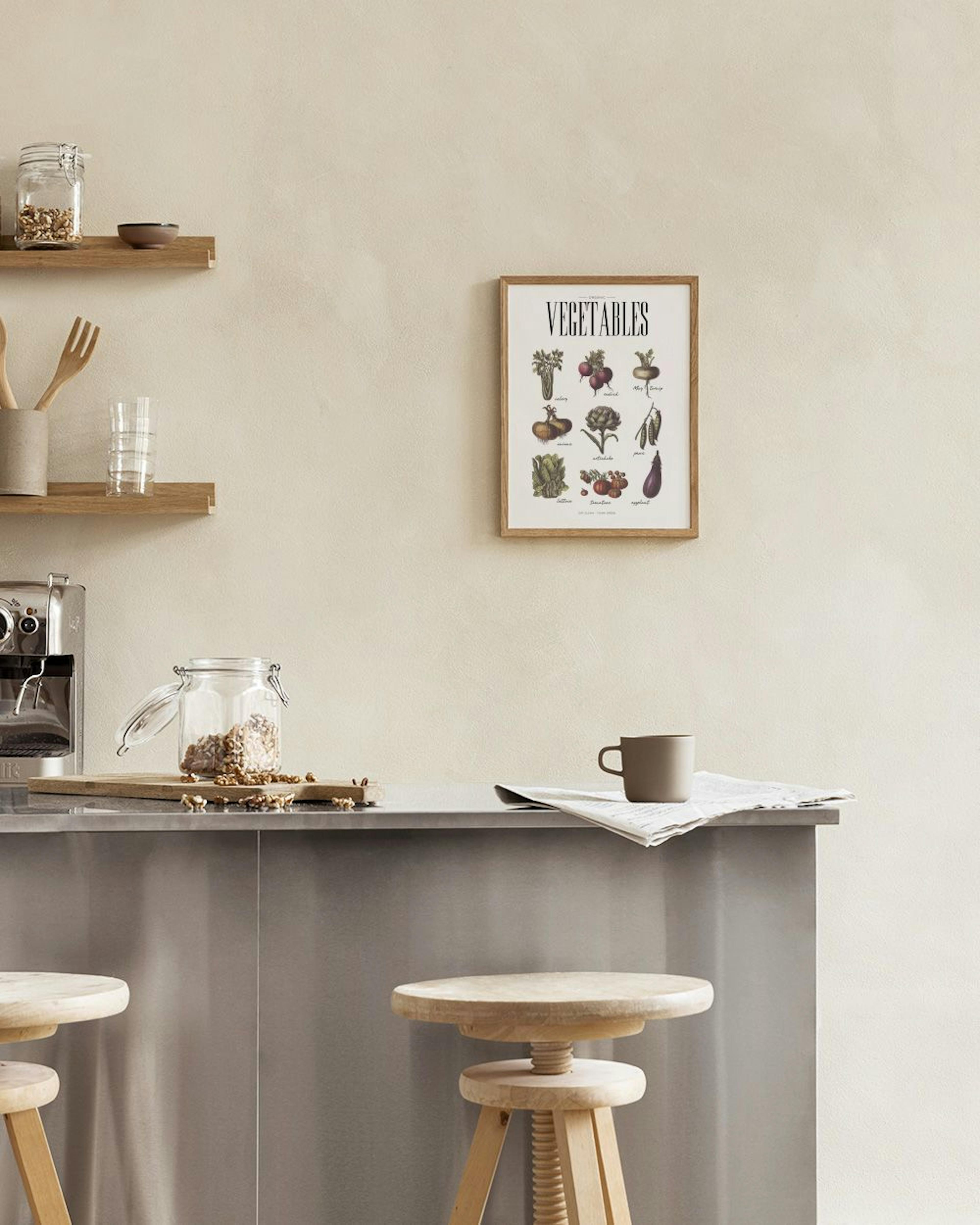 A print of assorted vegetables with their names, displayed on a counter against a white marble wall in a kitchen.