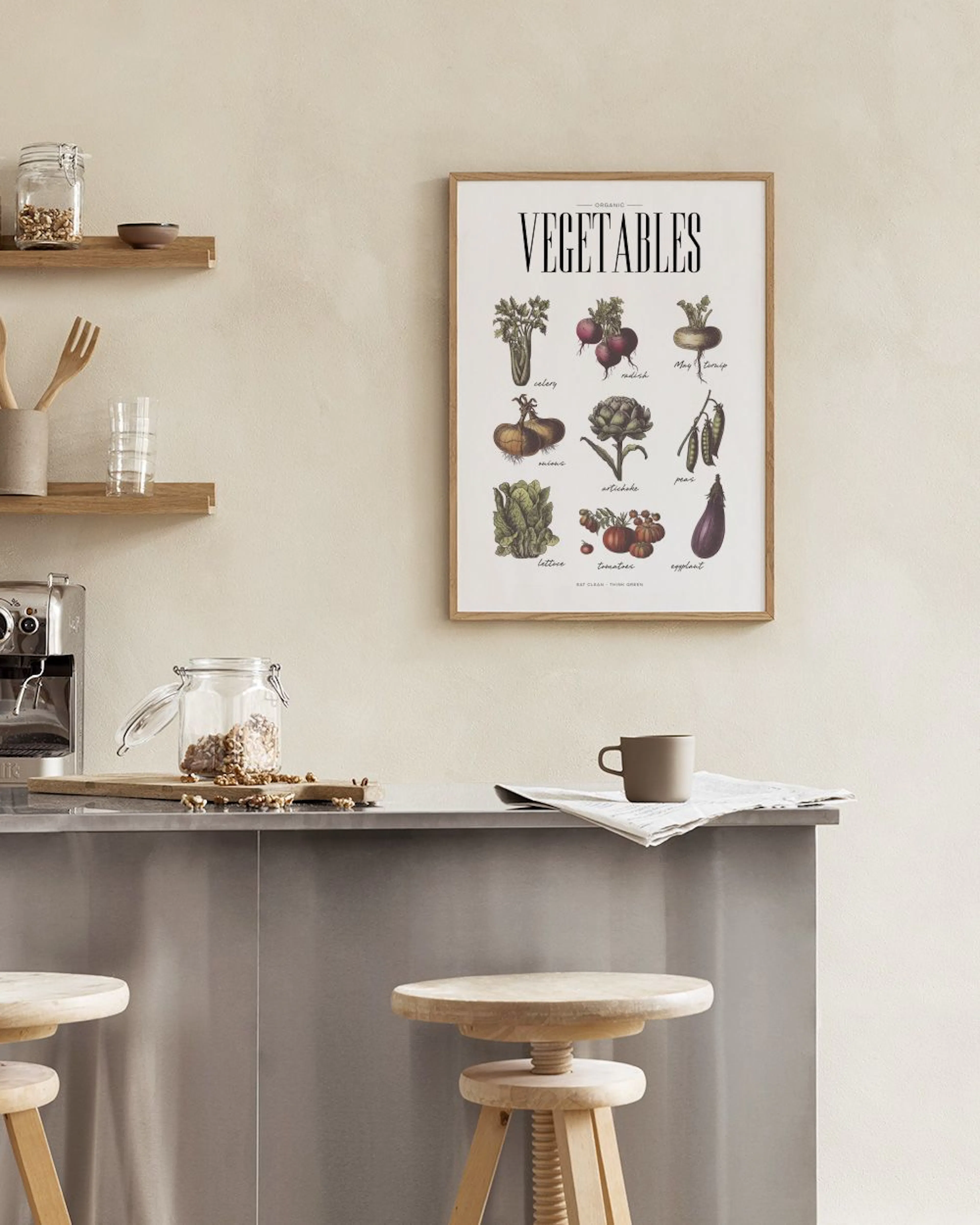 Een poster met illustraties van verschillende groenten, zoals selderij en aubergine, staand op een aanrecht met marmeren achterw