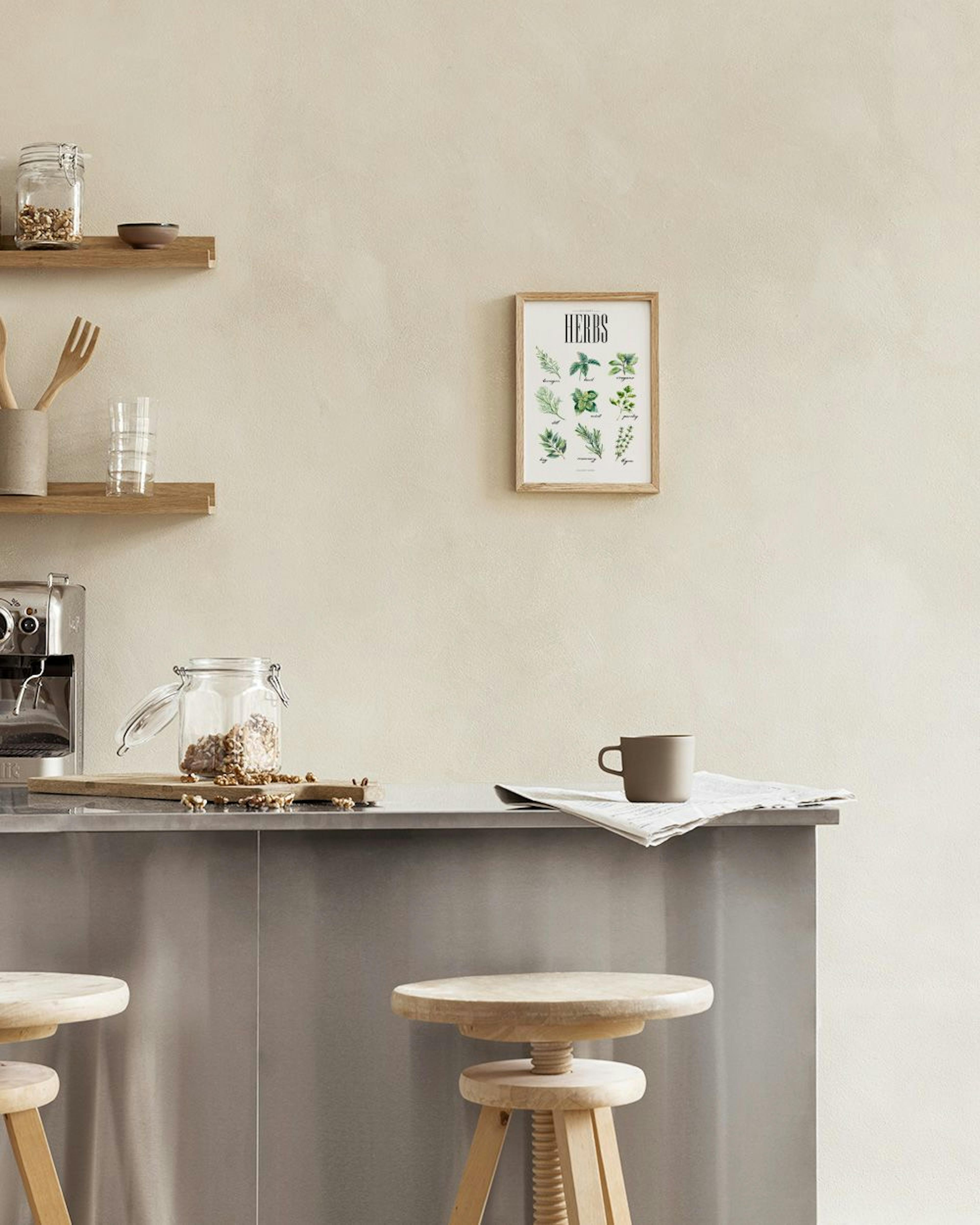 A culinary herbs print featuring nine distinct green herbs, displayed on a white marble countertop with kitchen accessories.