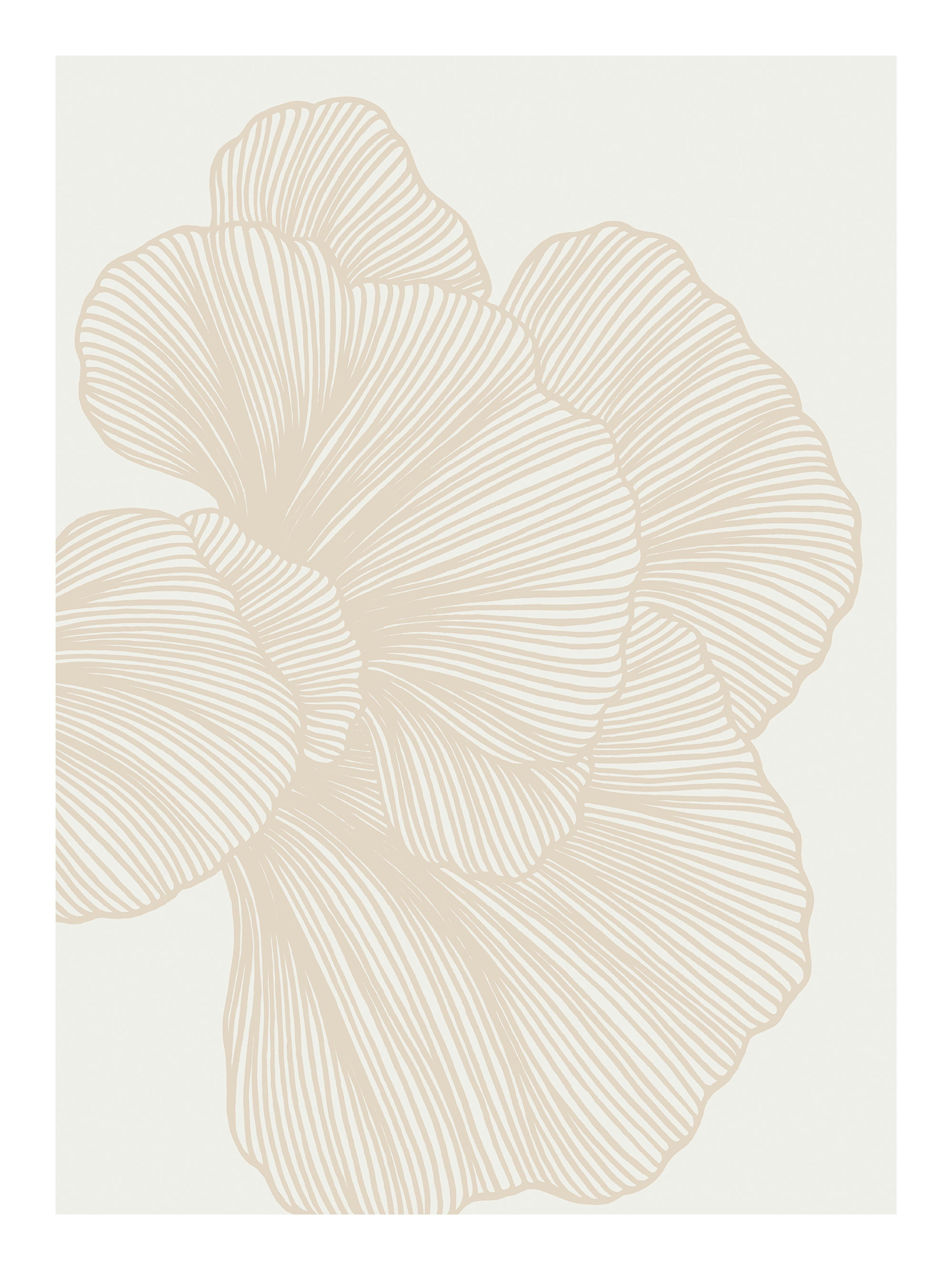 Póster de líneas abstractas beige que forman un patrón floral suave, con fondo crema. Arte minimalista.