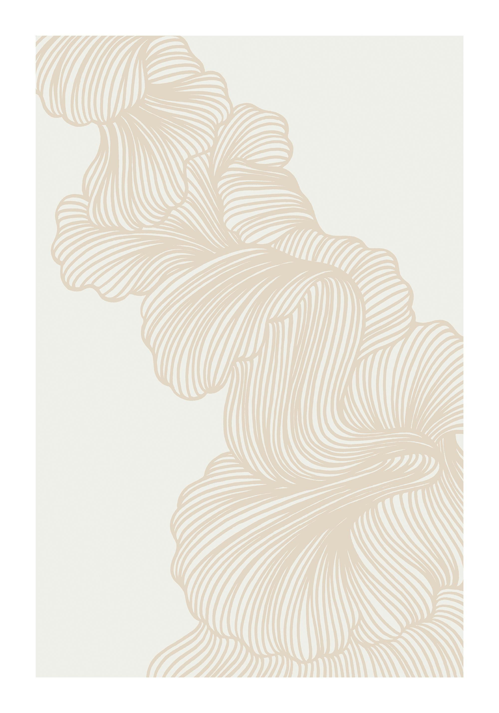 Plakat med abstrakte beige linjer, der danner organiske, bløde former. Enkel og rolig kunst plakat.