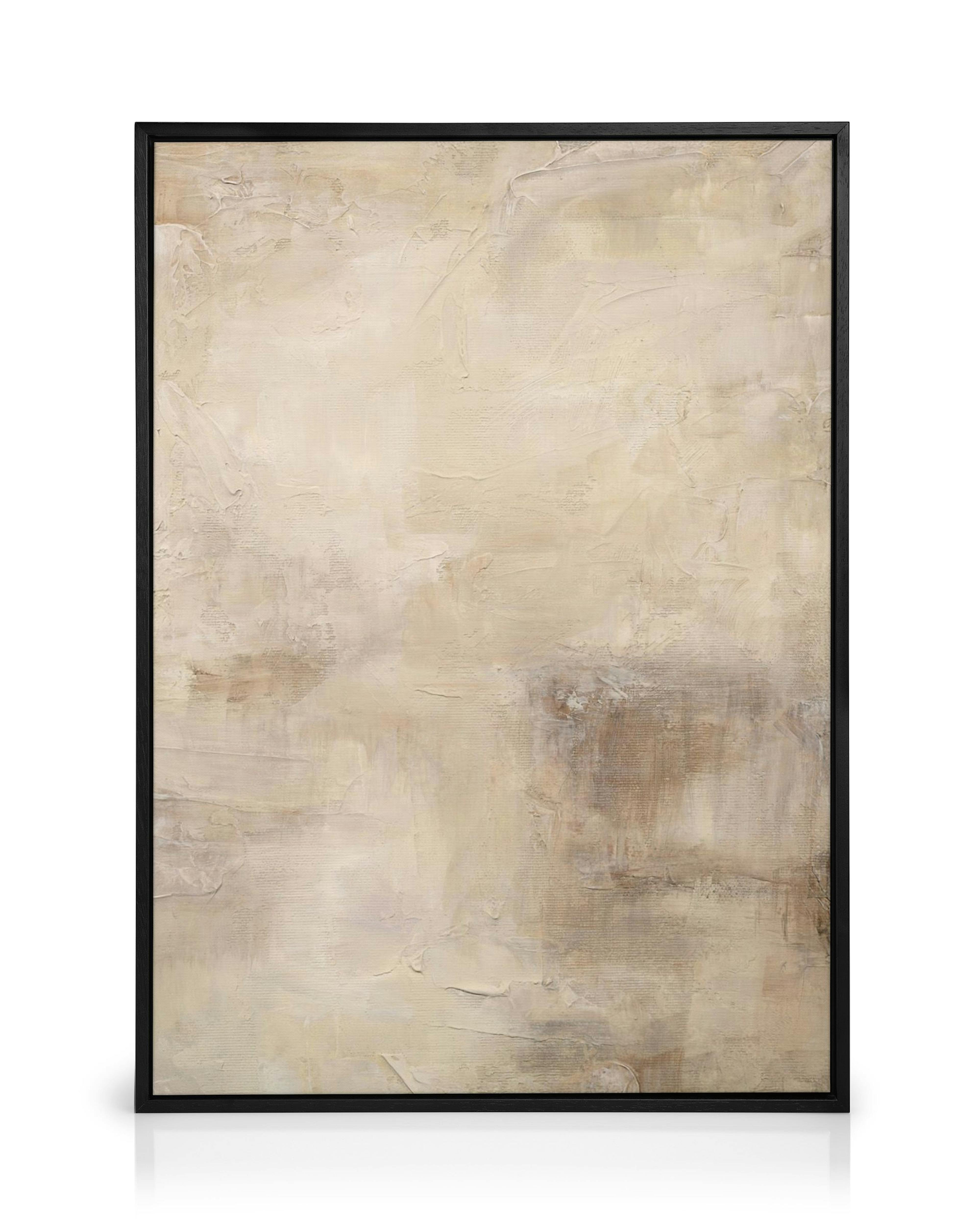 Tela decorativa abstrata com pinceladas e texturas em tons de bege, creme e castanho claro.