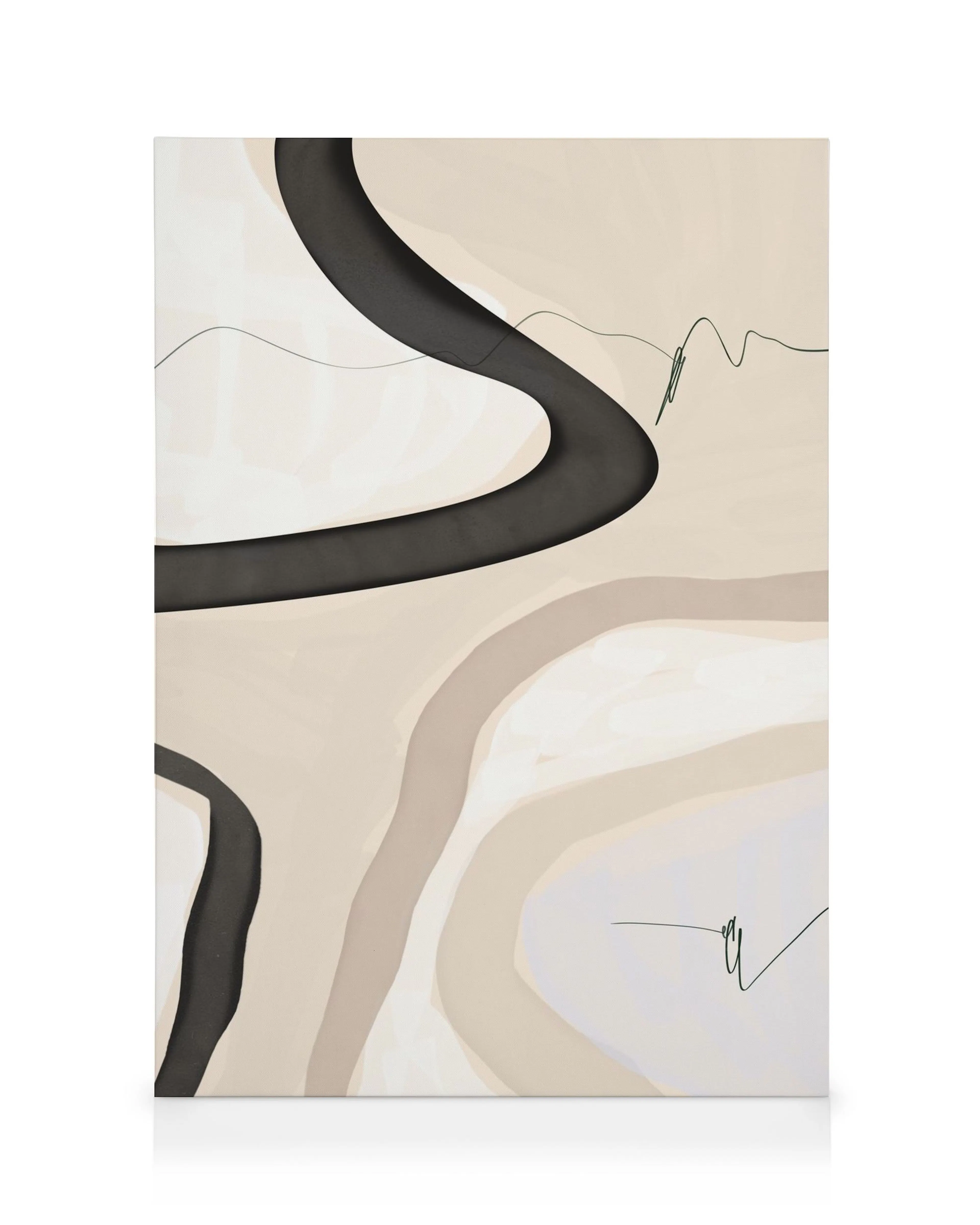 Abstrakt lærred med sorte, beige og lysebrune kurvede former, der flyder over lærredet, minimalistisk kunst.