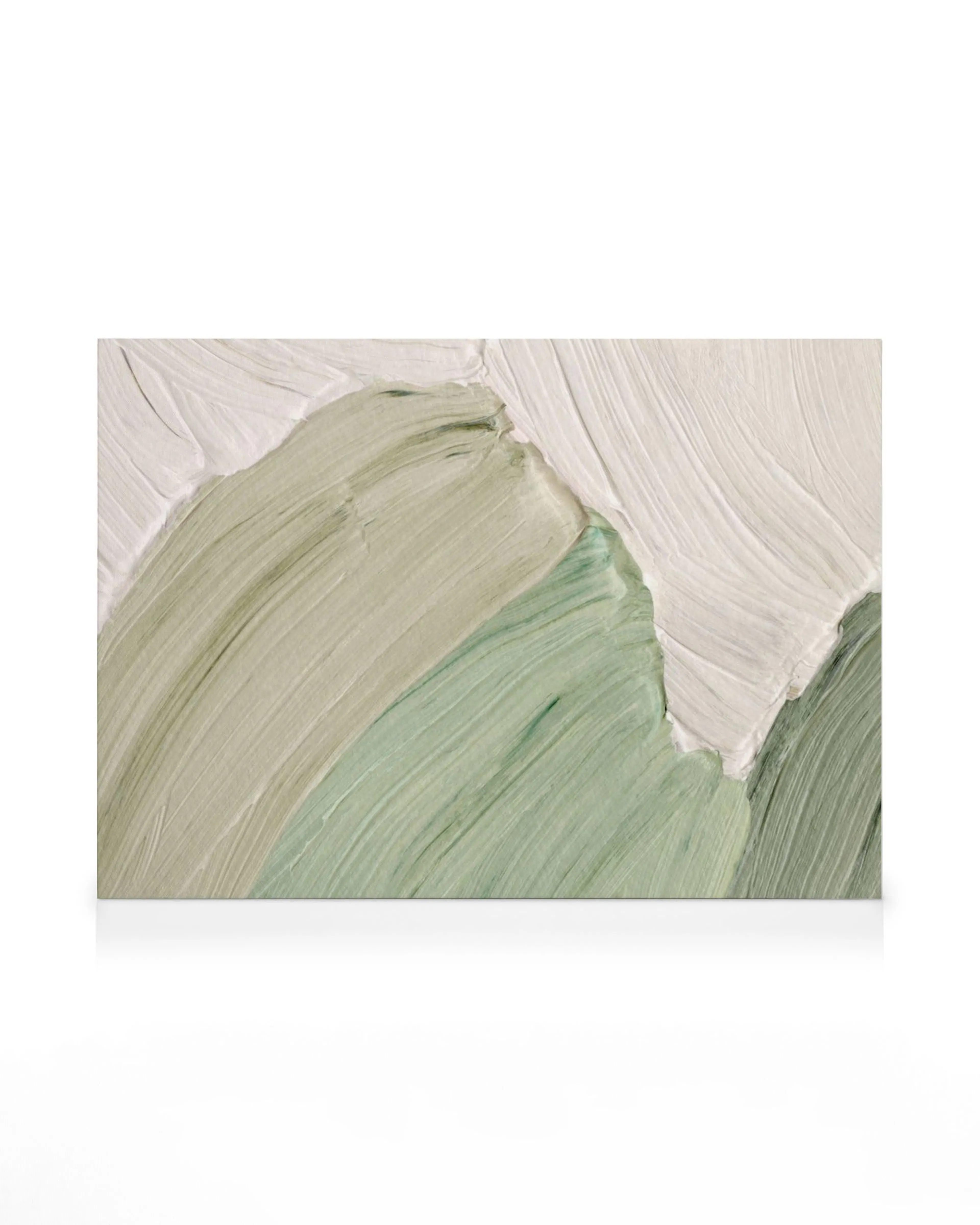 Sage abstract canvas print with thick, textured white and green paint strokes creating curved lines.