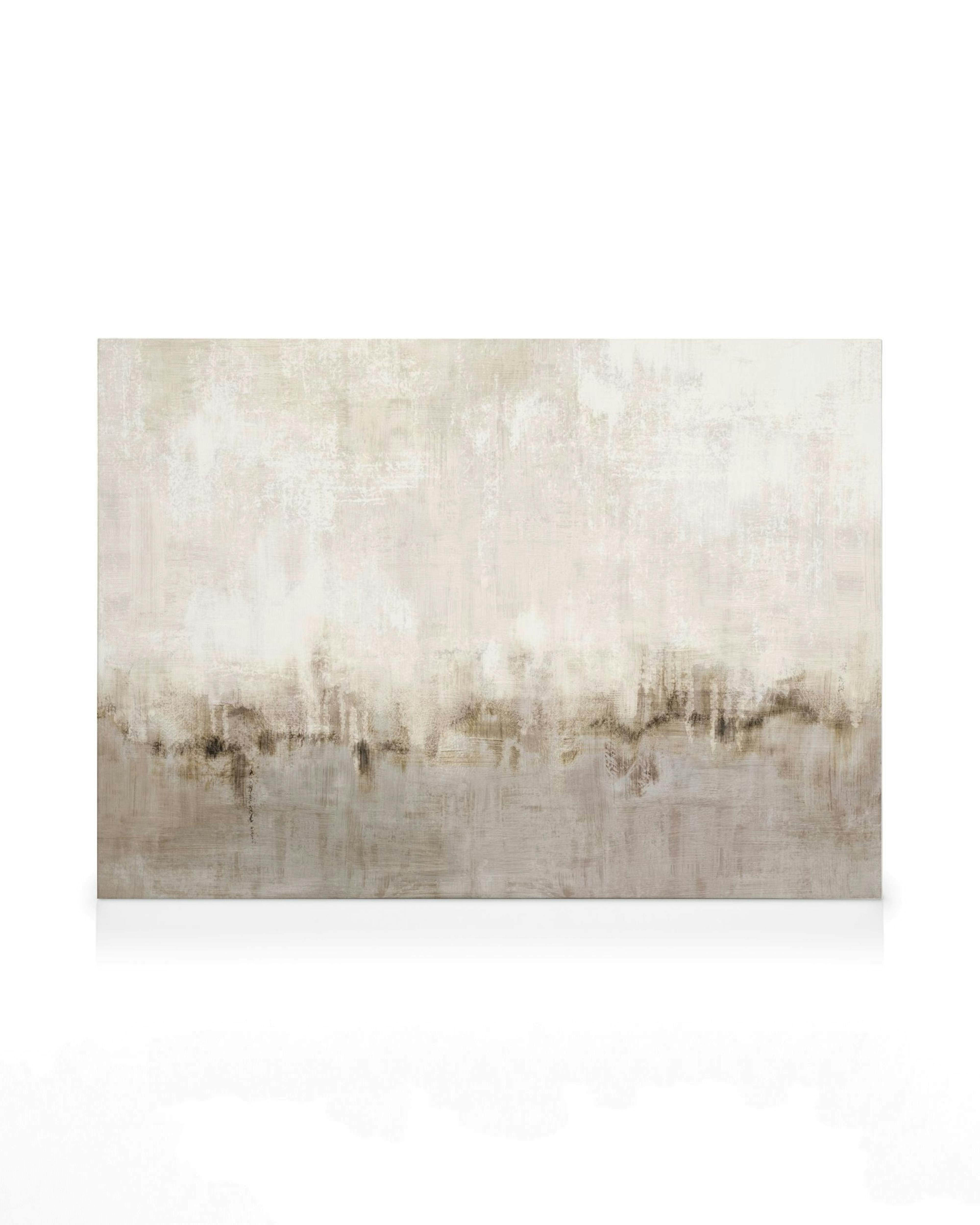 Toile abstraite avec lignes horizontales et taches, tons blanc, beige et marron, évoquant un paysage. Typographie moderne.