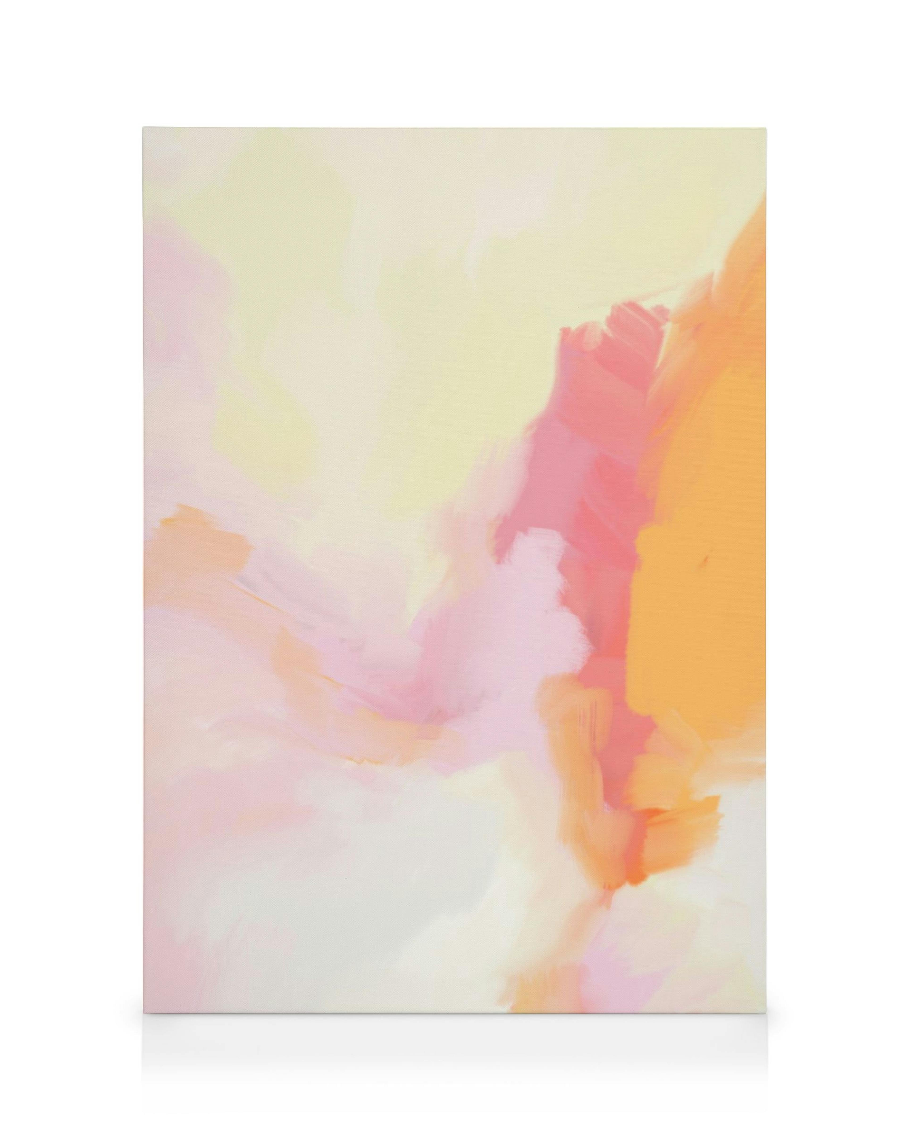 Lerret med myke, flytende strøk i rosa, beige, oransje og hvitt, skaper en drømmende og rolig følelse.