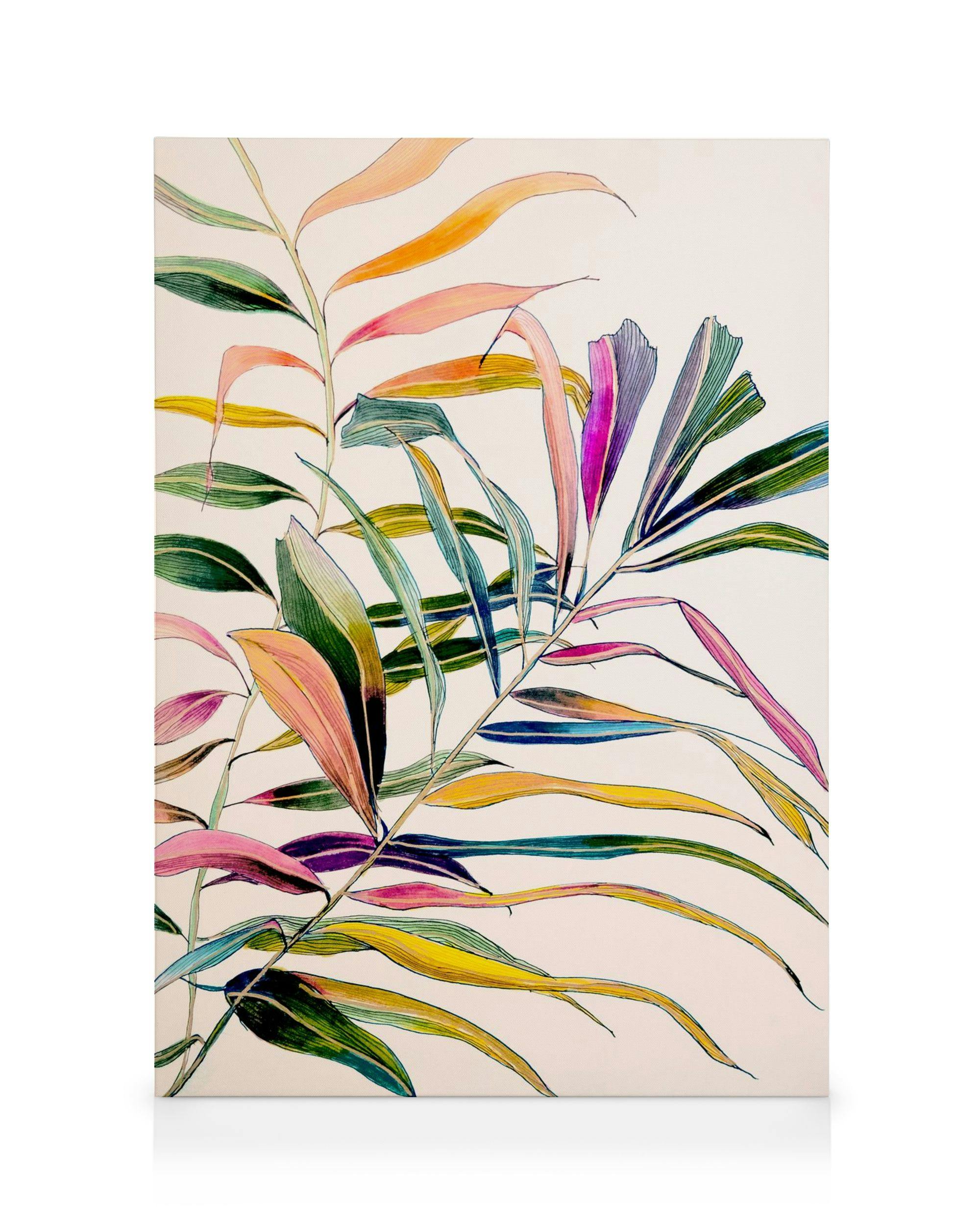 Levendige botanische canvas met overlappende palmbladeren in roze, groen, geel en blauw op een lichte achtergrond.
