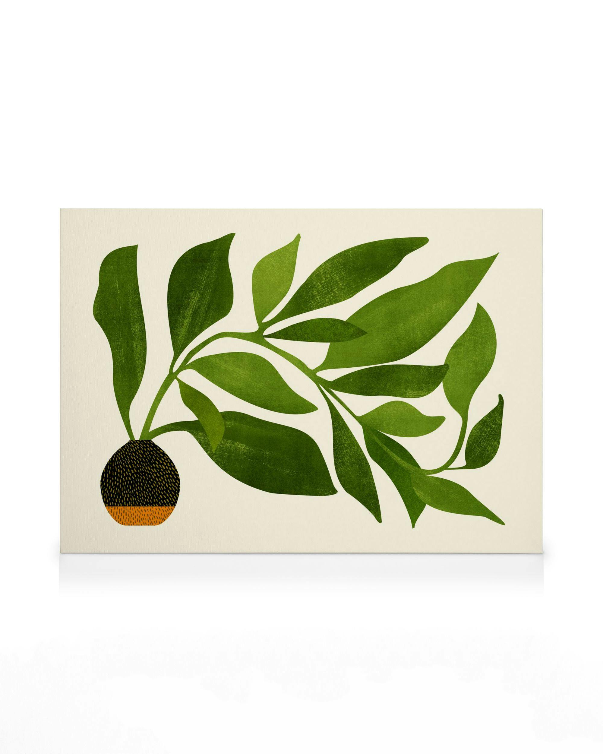 Kristian Gallagherin The Wanderer -kanvaasi, jossa on vihreitä lehtiä mustassa ja oranssissa ruukussa vaalealla pohjalla.