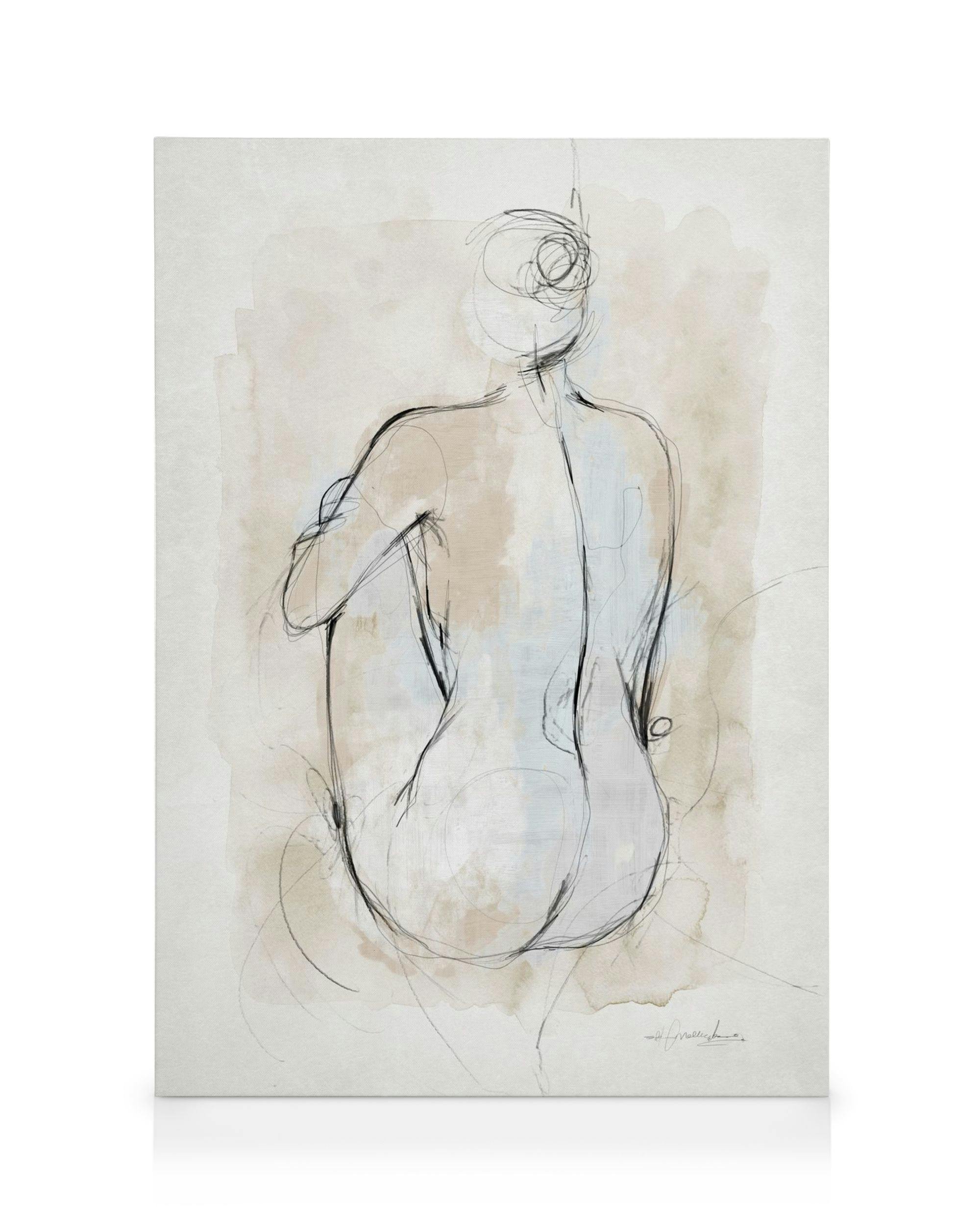 Αφηρημένο σχέδιο γυναικείου κορμιού σε καμβά, με απαλές γραμμές και ουδέτερα χρώματα.