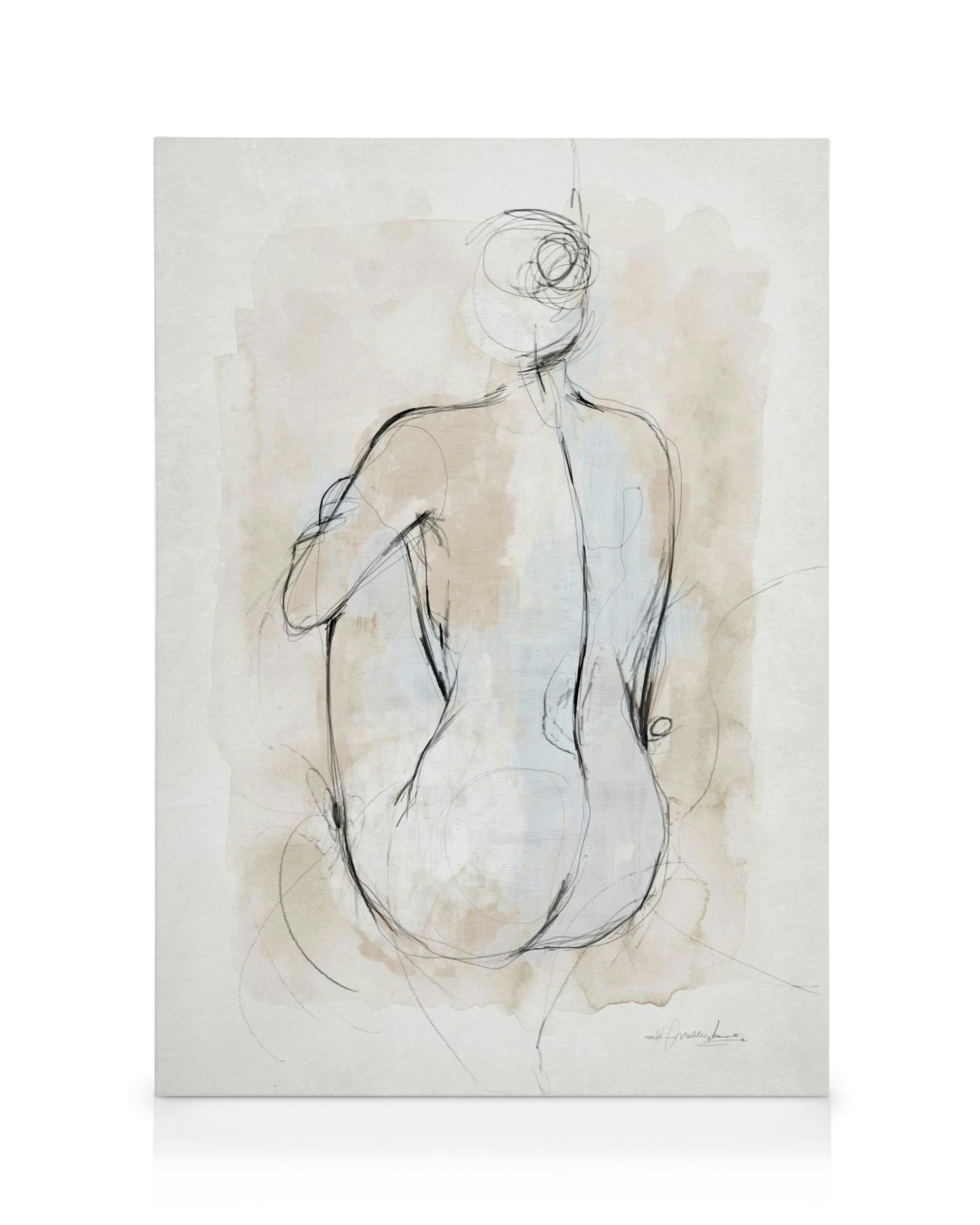 Αφηρημένο σχέδιο γυναικείου κορμιού σε καμβά, με απαλές γραμμές και ουδέτερα χρώματα.