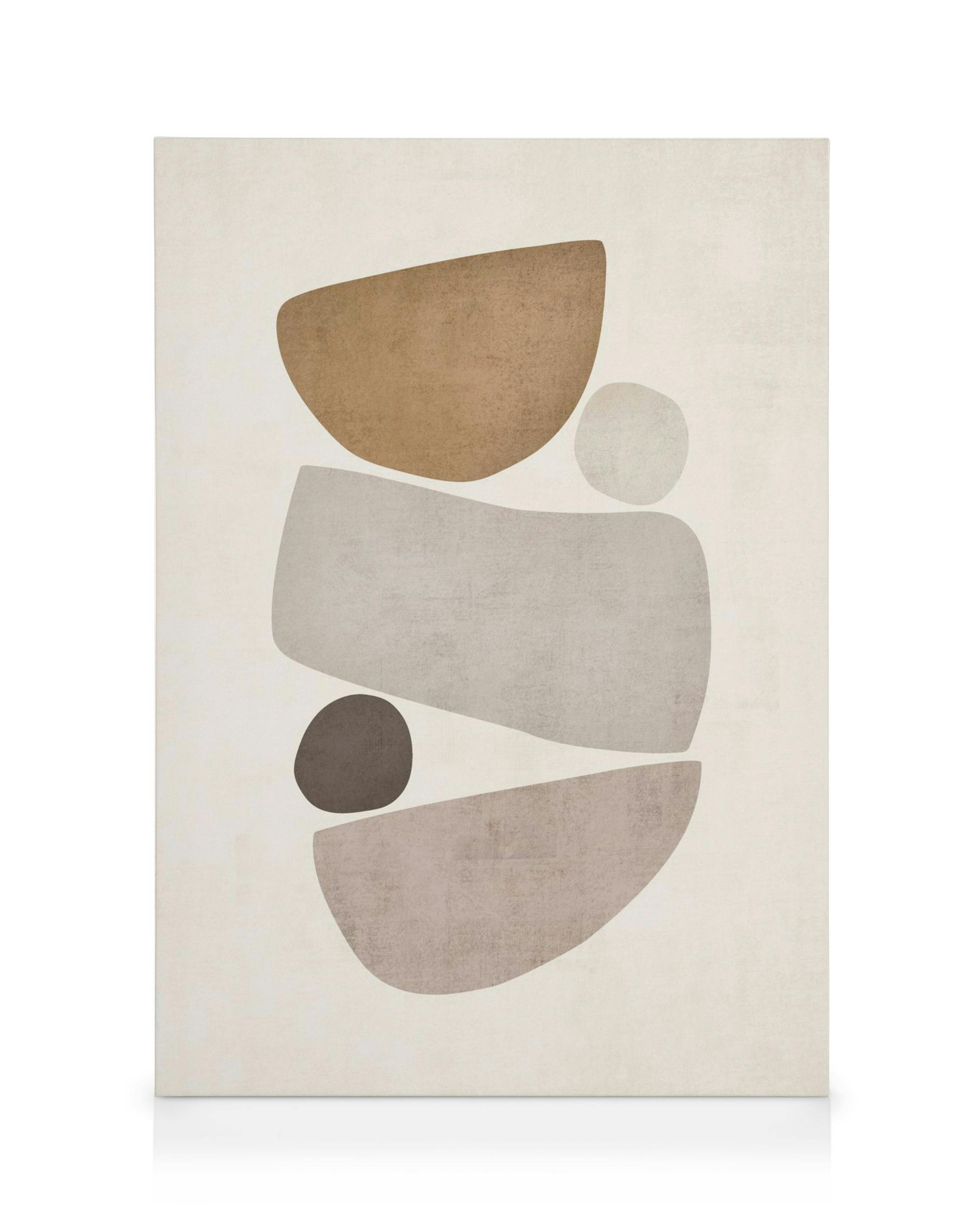 Harmonic abstract canvas print with beige and grey textured shapes on a light beige background for tranquil decor.