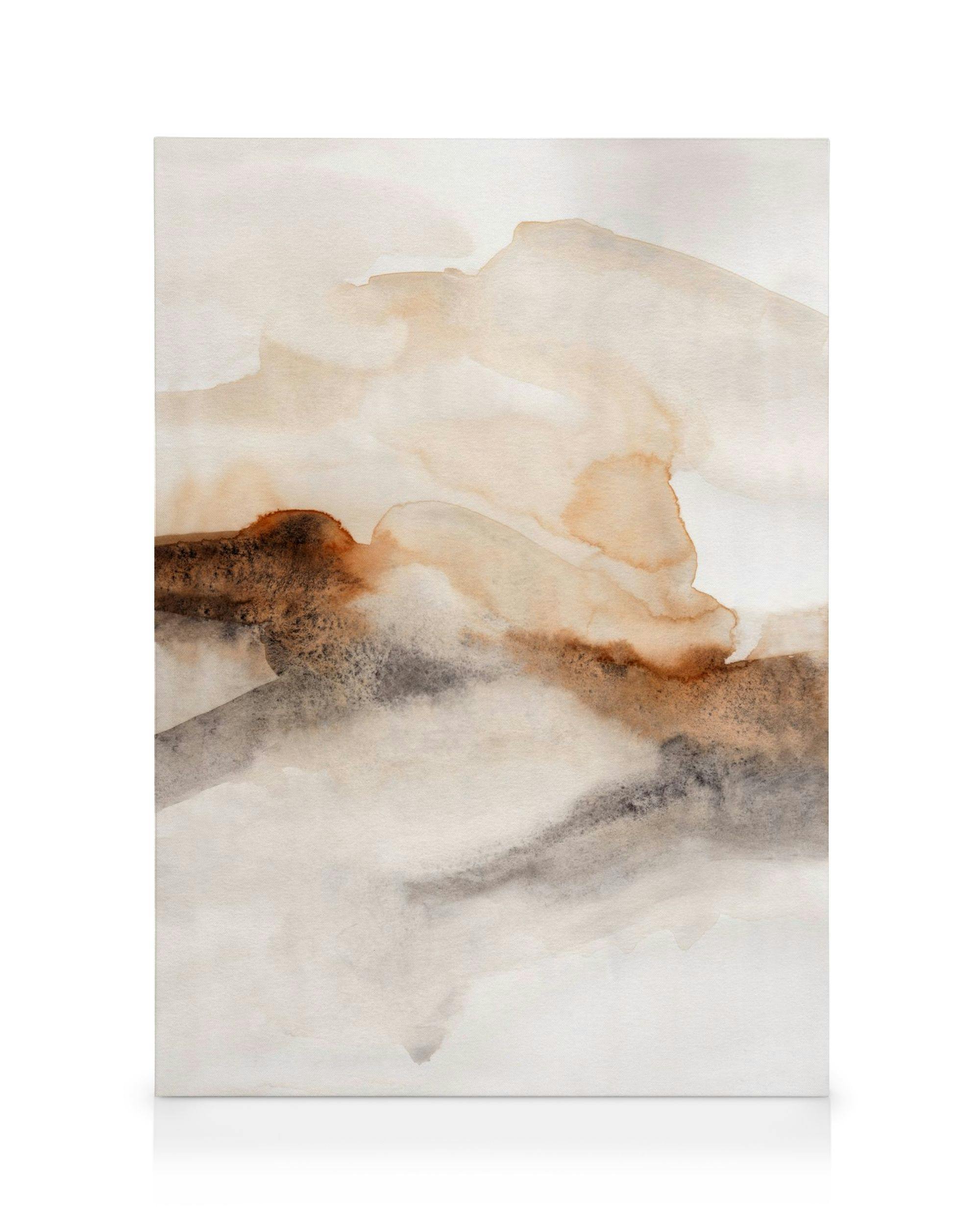 Abstract watercolor canvas print with burnt brown, beige, and grey tones, creating a tranquil, natural landscape.