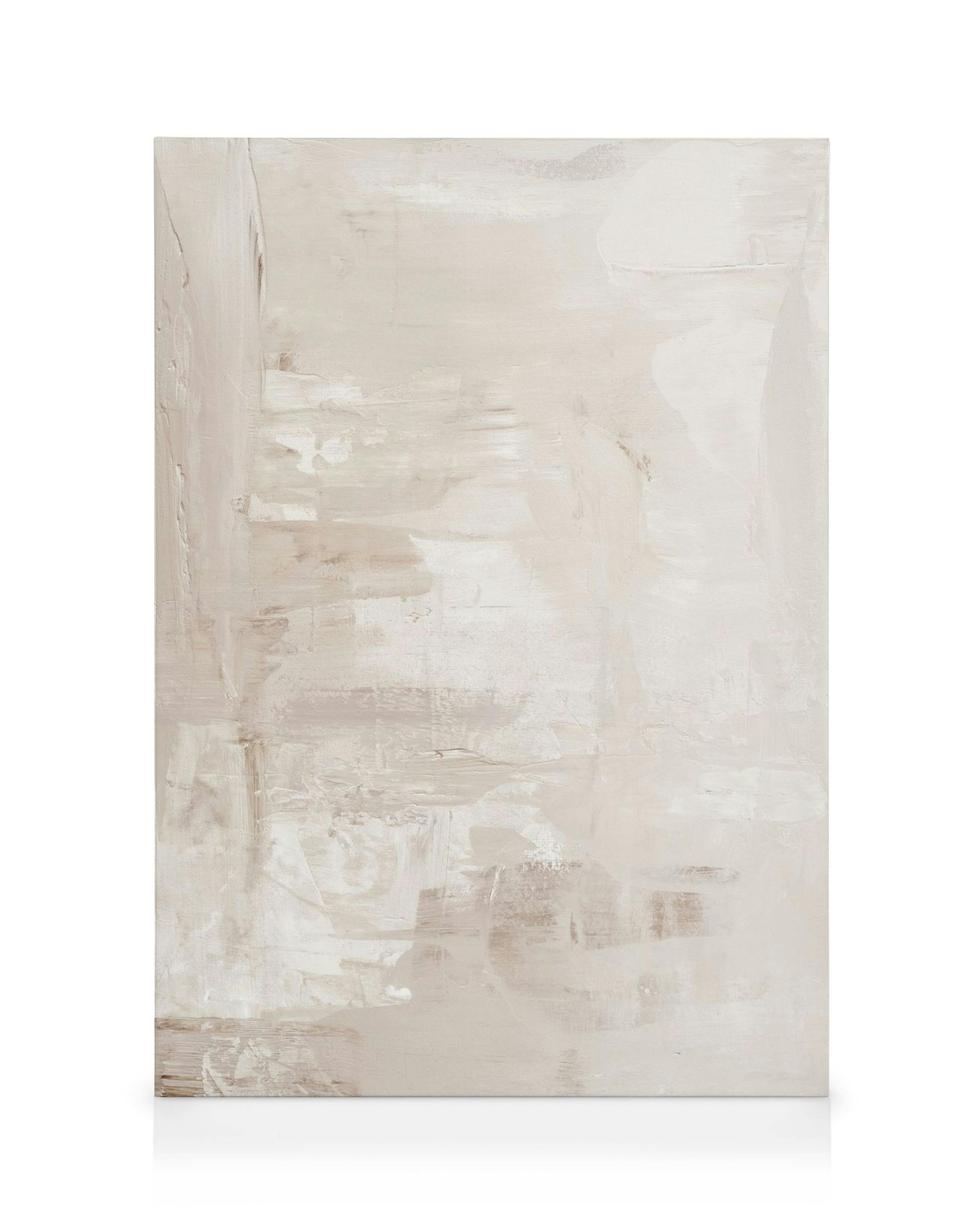Beiges und weißes abstraktes Acrylbild auf Leinwand mit zarten Pinselstrichen und Textur.