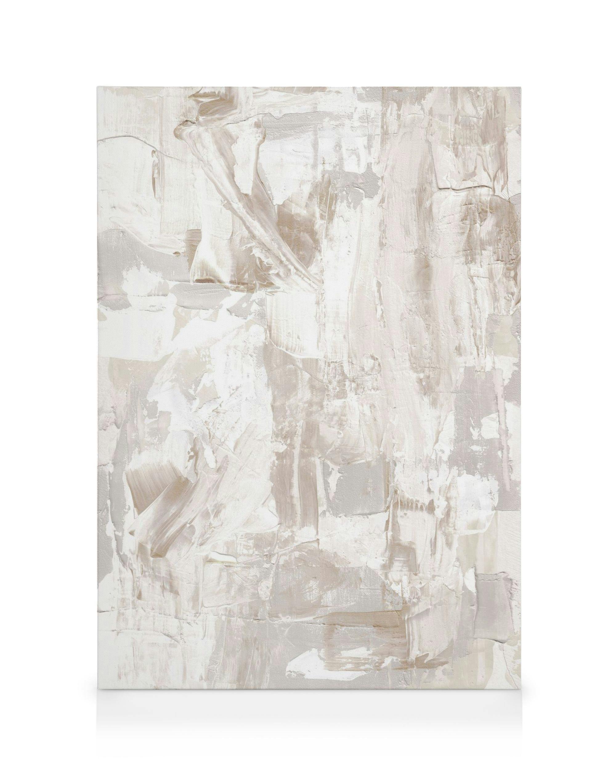 Abstraktes Acrylbild in Beige, Weiß und Grau mit pastosen Pinselstrichen, die ein modernes Muster bilden.