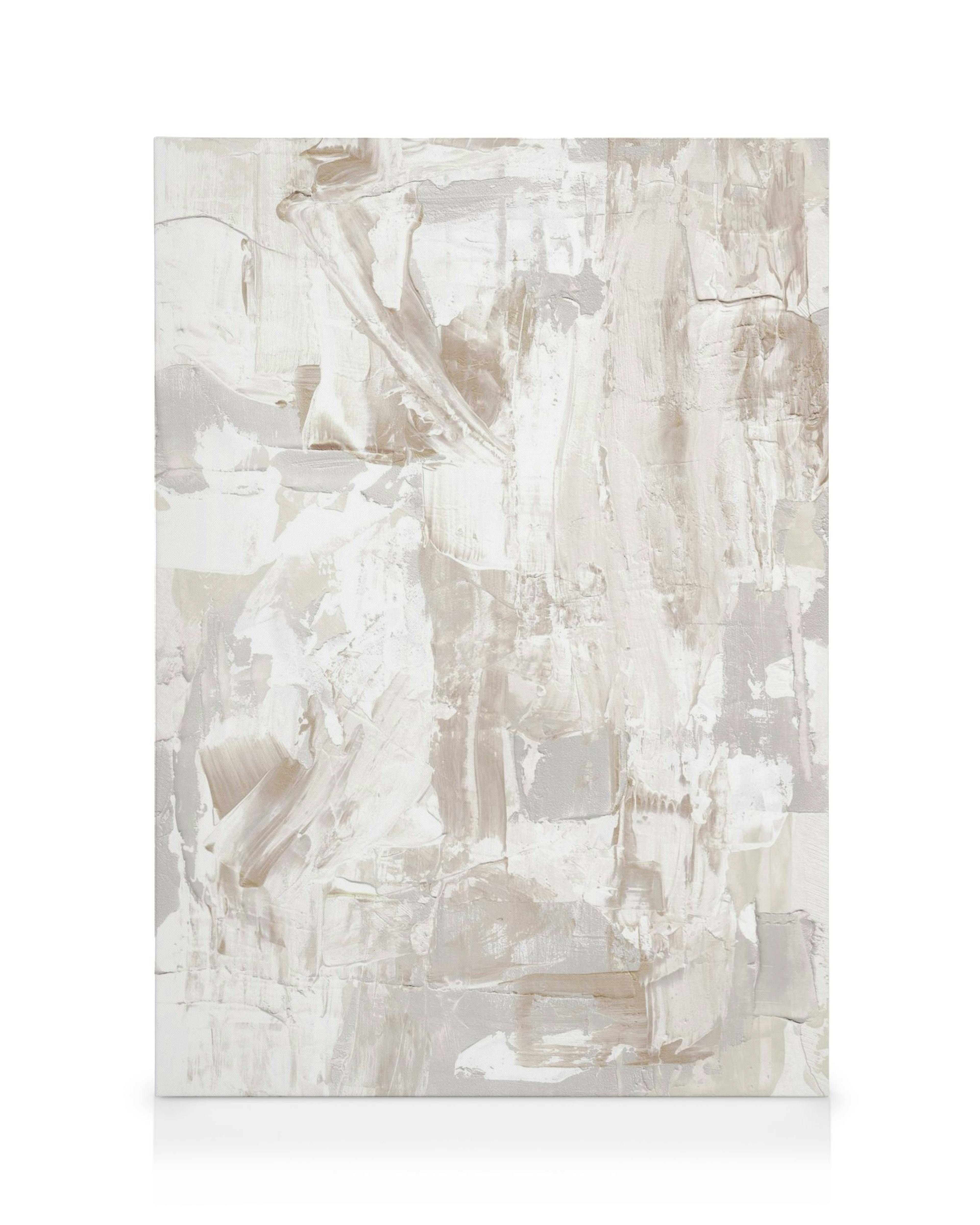 Toile abstraite avec coups de pinceau texturés blancs, gris et beiges, une composition abstraite moderne.