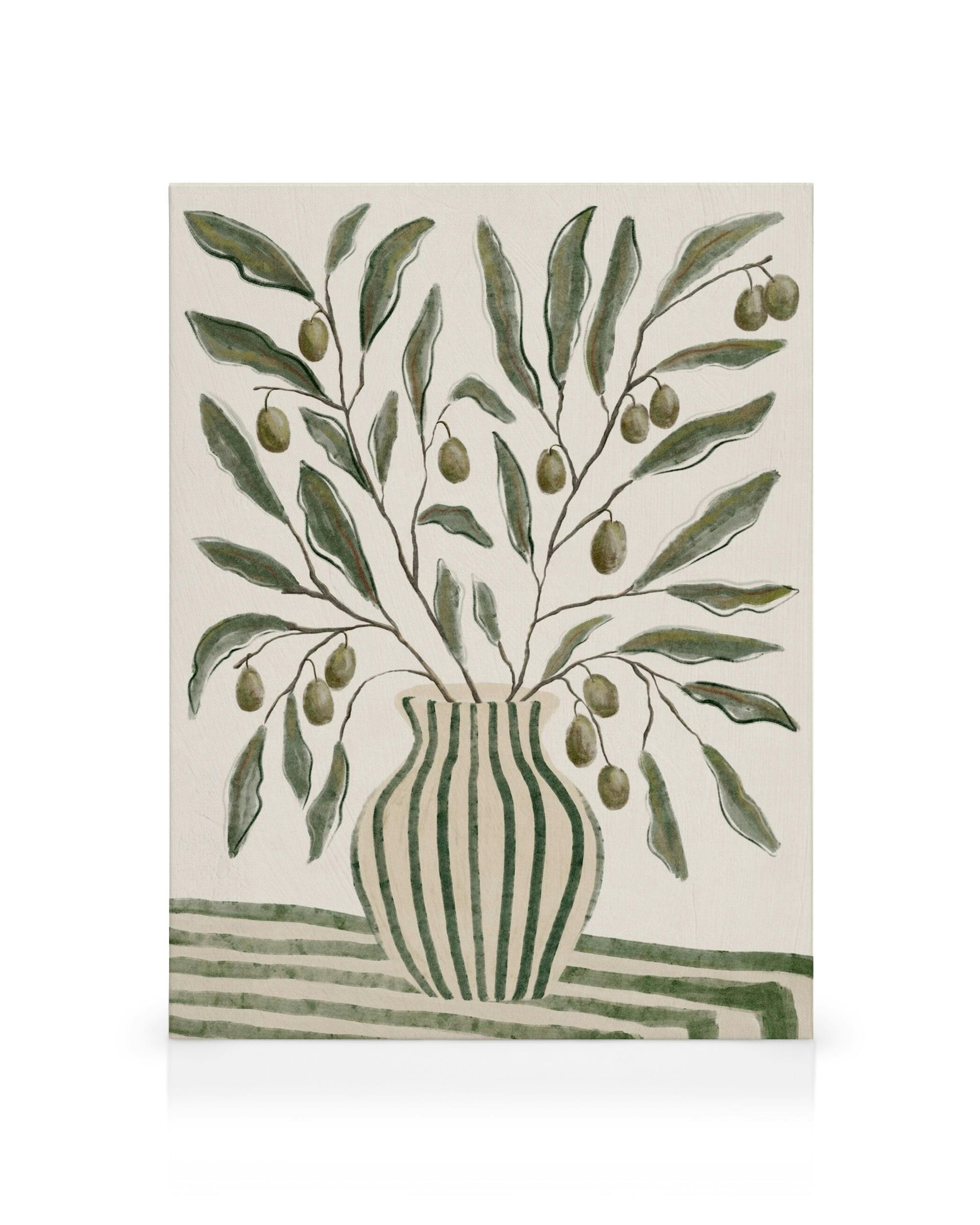 Leinwandbild mit Olivenzweigen in gestreifter Vase, Olivenbaum-Blätter und Früchte, grüne Streifen auf hellem Hintergrund.