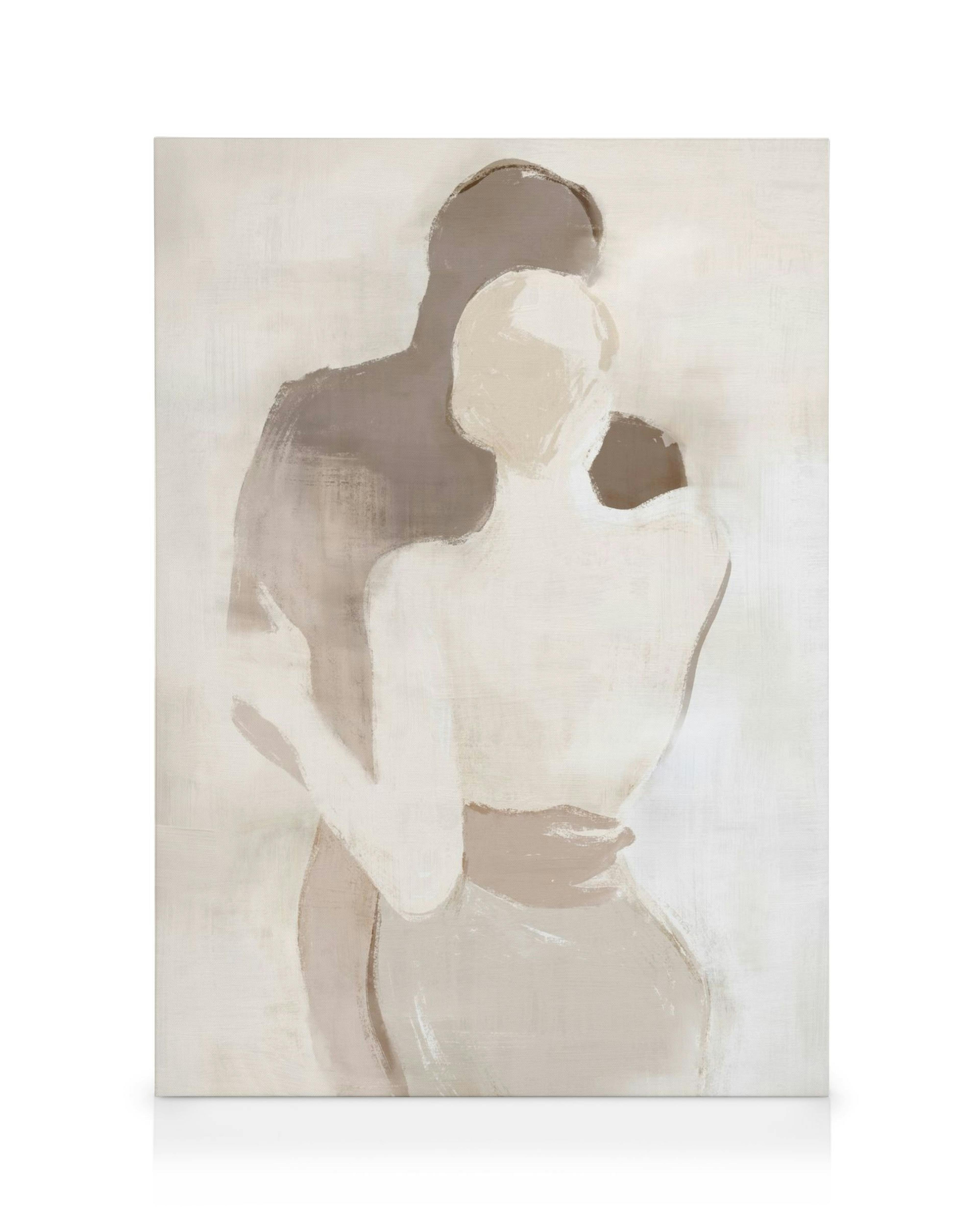 Abstract painting of two embracing figures rendered in warm neutral tones like beige, brown, and cream with visible brushstrokes