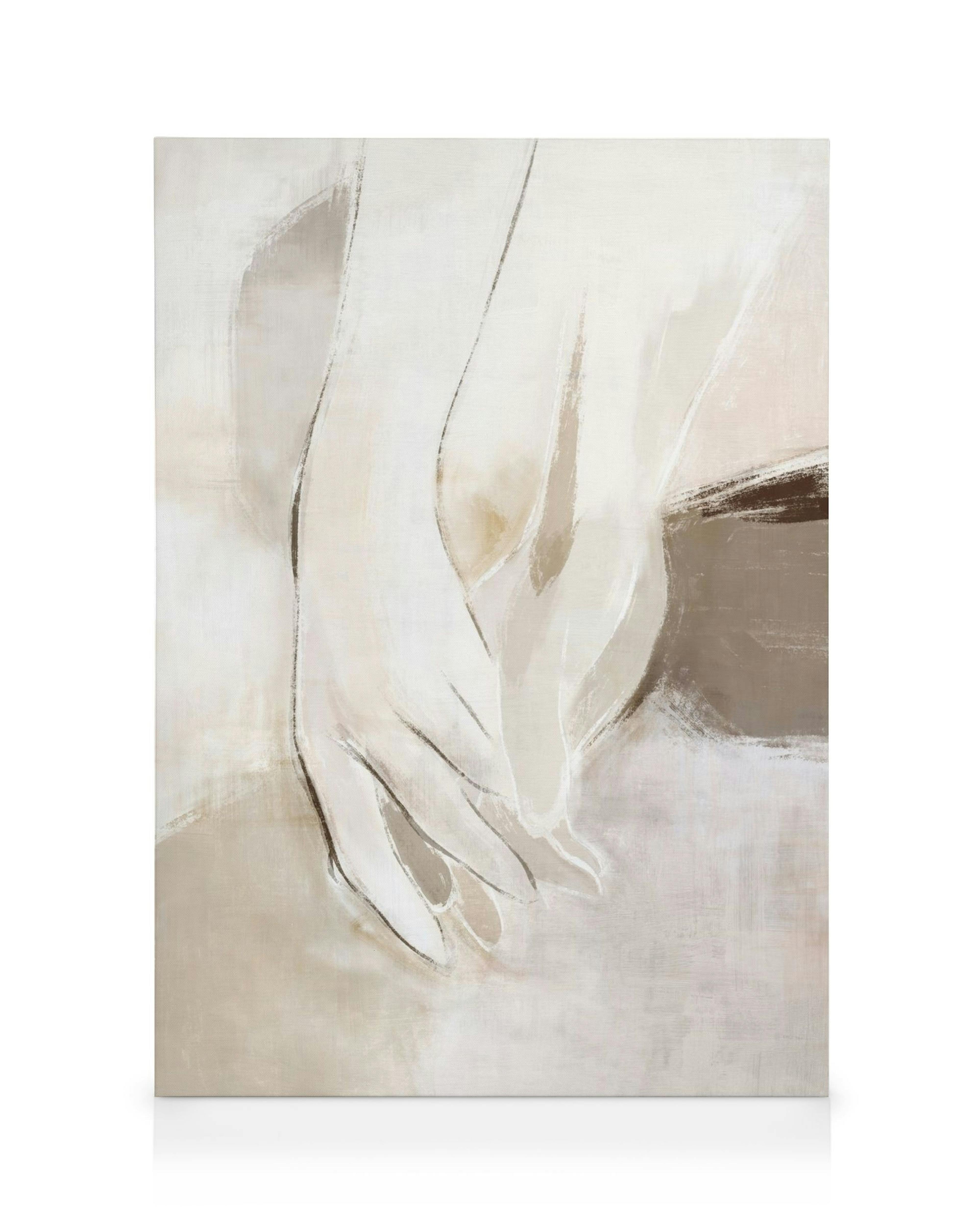 Abstract canvas art featuring two hands in gentle shades of white, cream, and brown, with soft brushstrokes.