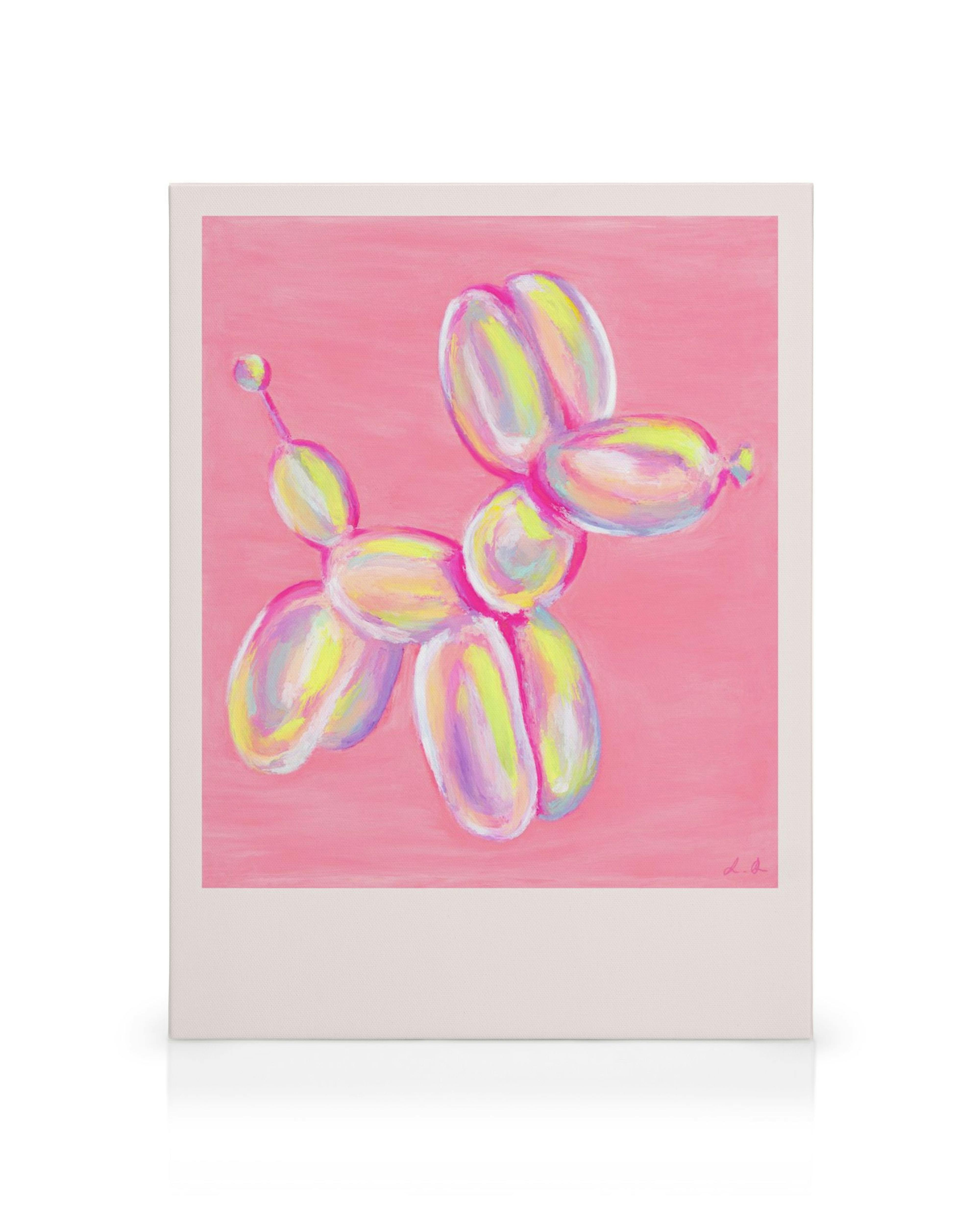 Pintura de perro globo colorido en tonos pastel sobre fondo rosa, arte vibrante para decoración de pared.