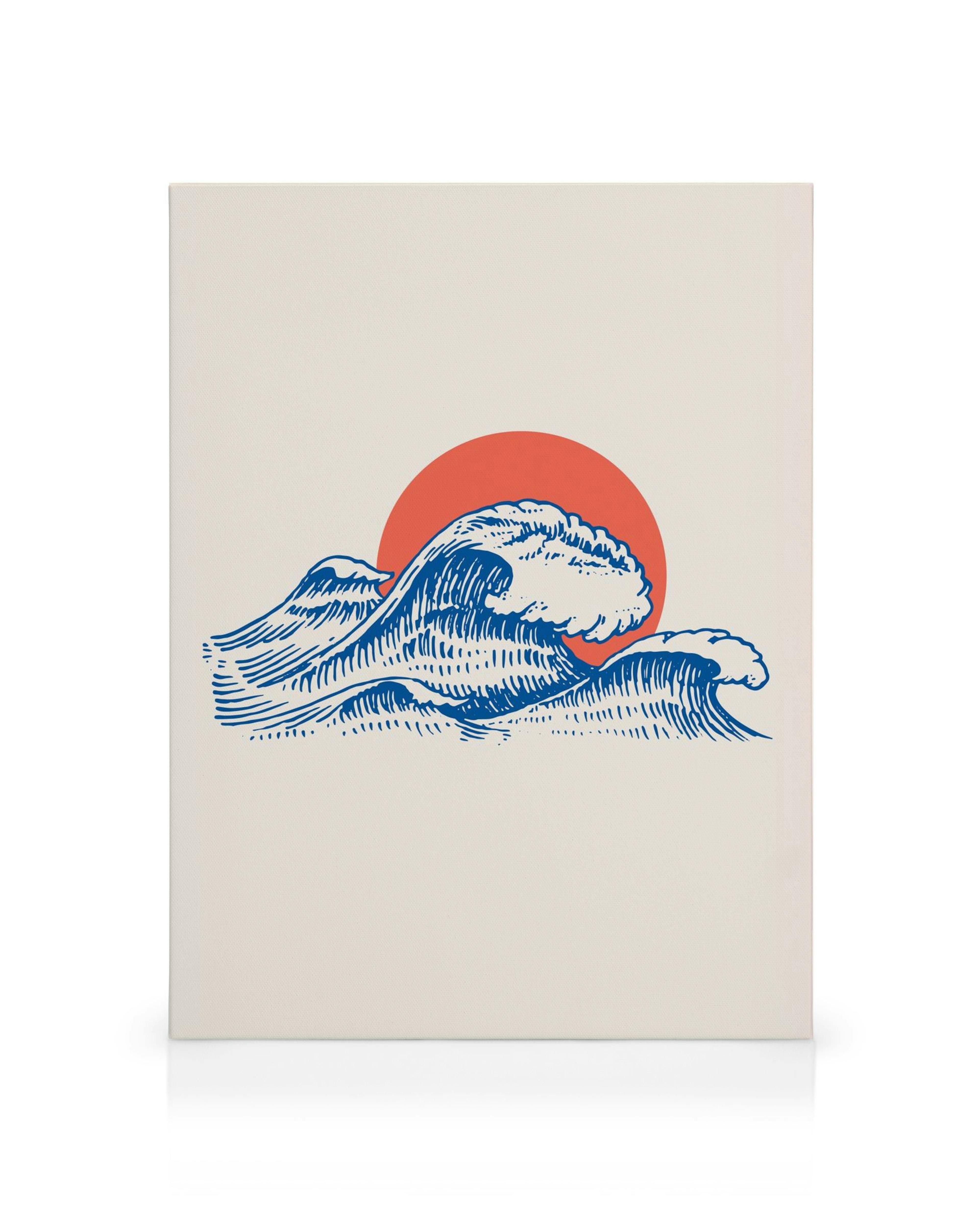 Canvastavla med illustration av stiliserade blå vågor och en röd sol på en beige bakgrund, marint tema.