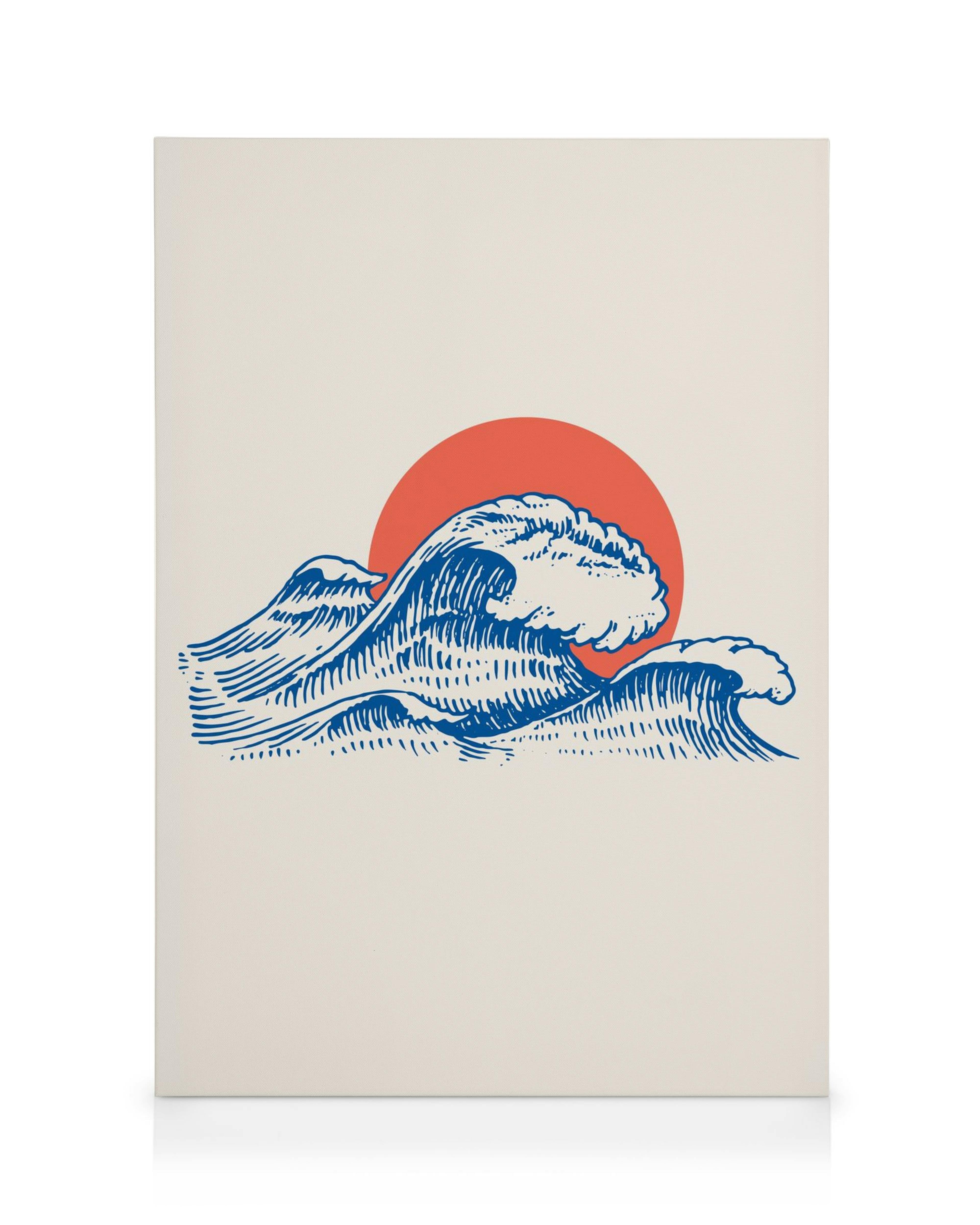 Leinwandbild mit blauen Wellen und roter aufgehender Sonne auf beigem Hintergrund, japanischer Stil.
