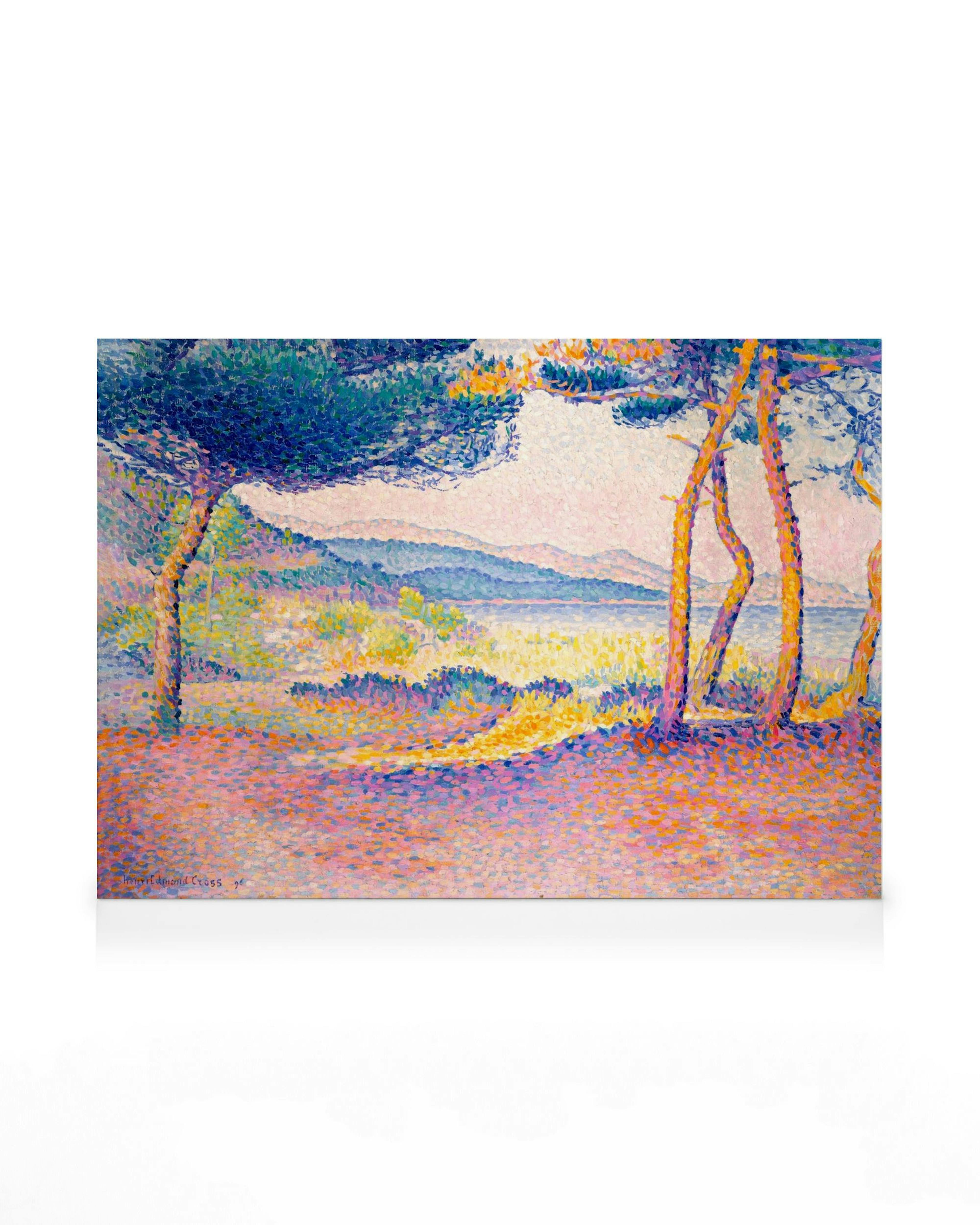 Henri-Edmond Cross Pines Along the Shore canvas print, pointillist lake scene with colorful dots, trees, and mountains.