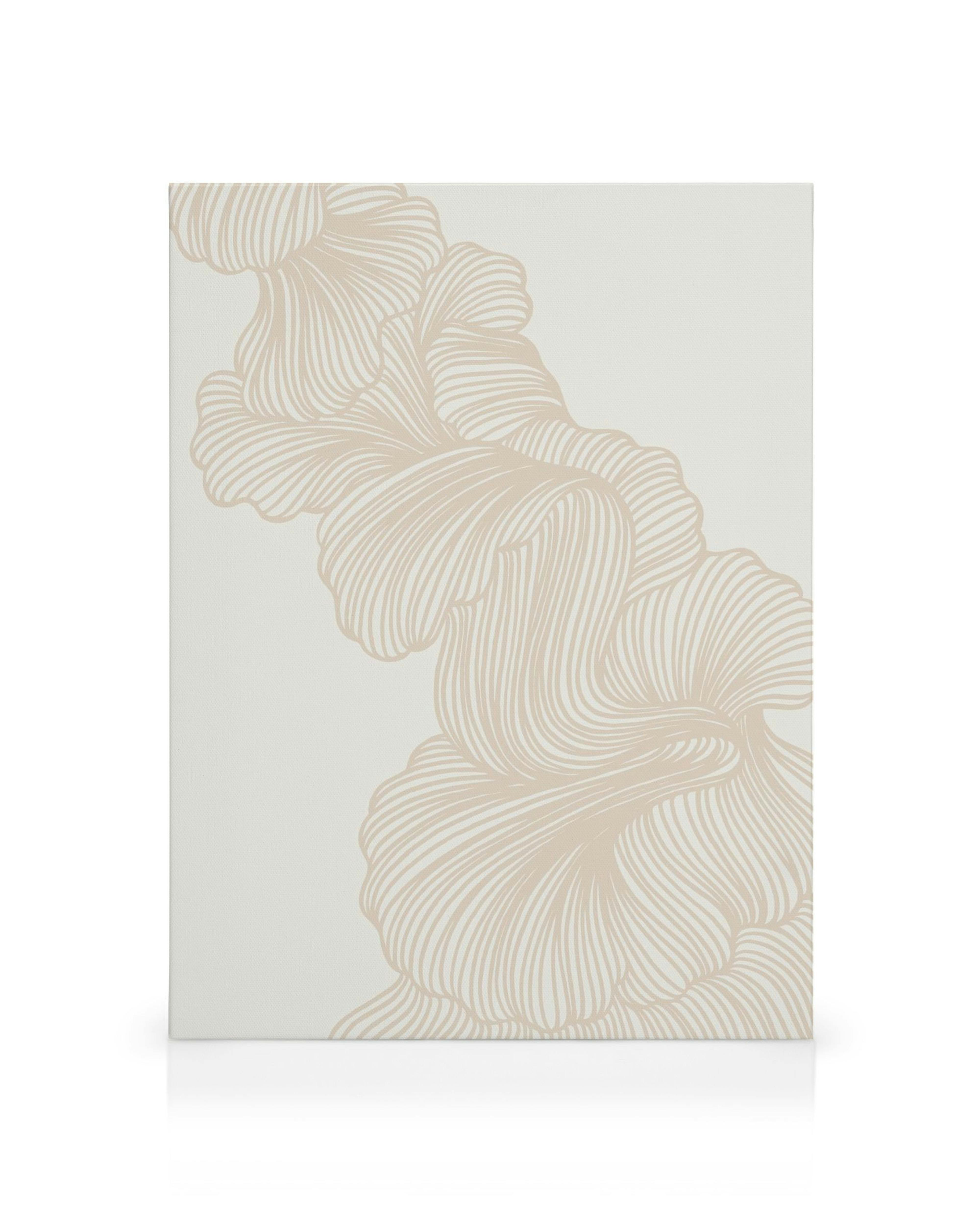 Abstract lines canvas print with wavy beige and orange shapes resembling petals or leaves on a flat surface.
