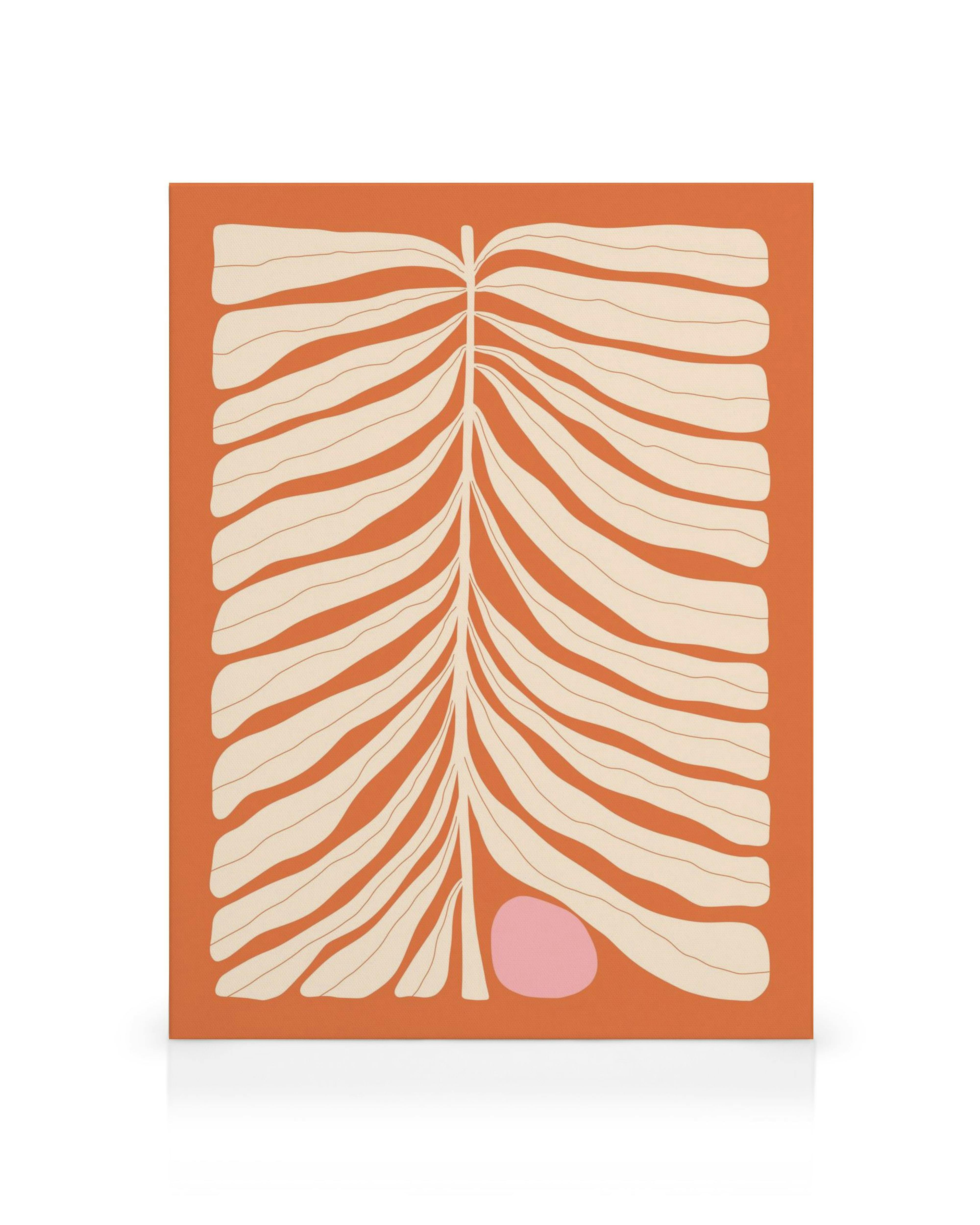 Canvastavla med symmetriskt vitt bladmönster på bränd orange bakgrund, en botanisk design med naturlig estetik.
