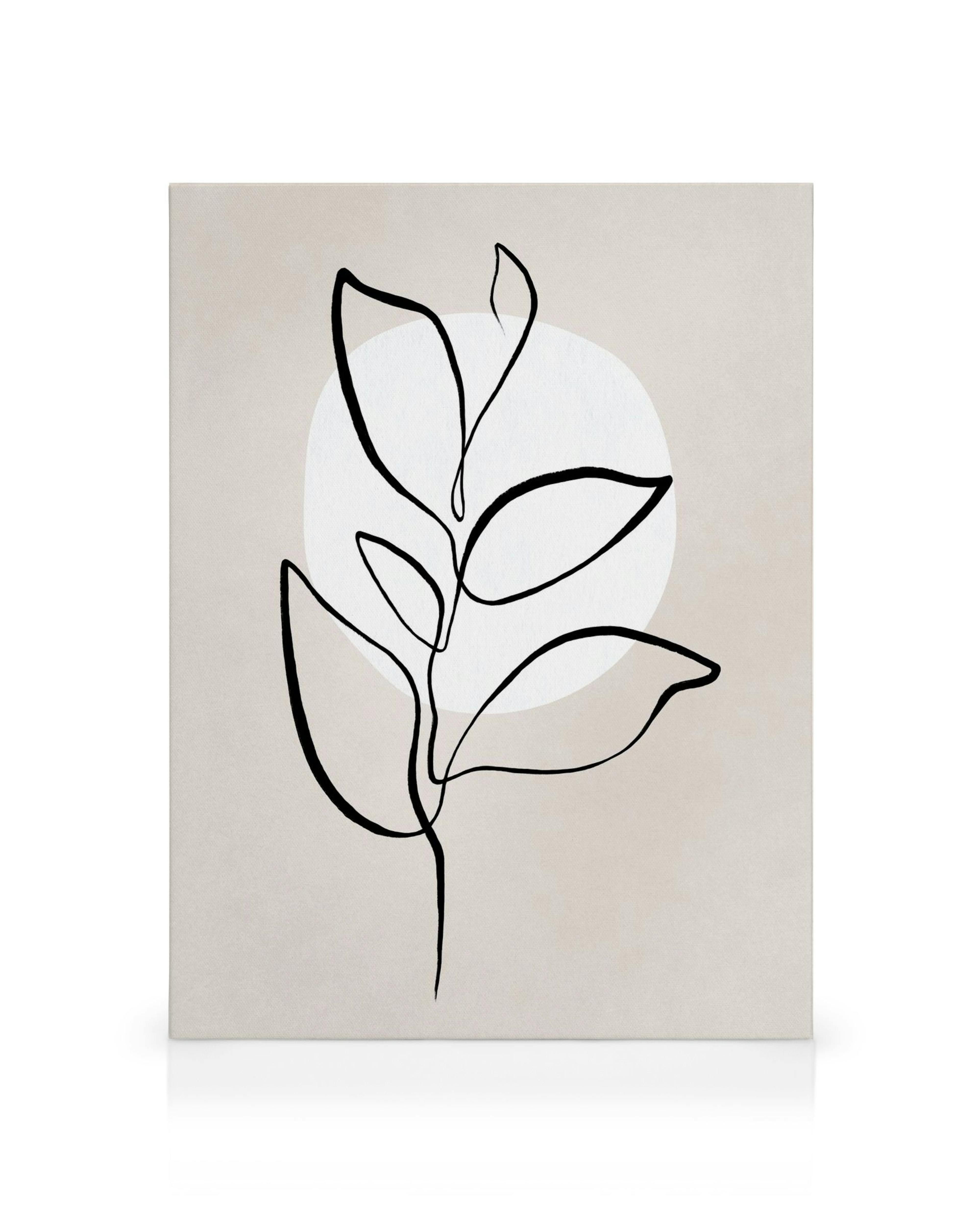 Svart linjeteckning av botaniskt motiv, växt med blad mot en beige bakgrund med vit cirkel, canvastavla