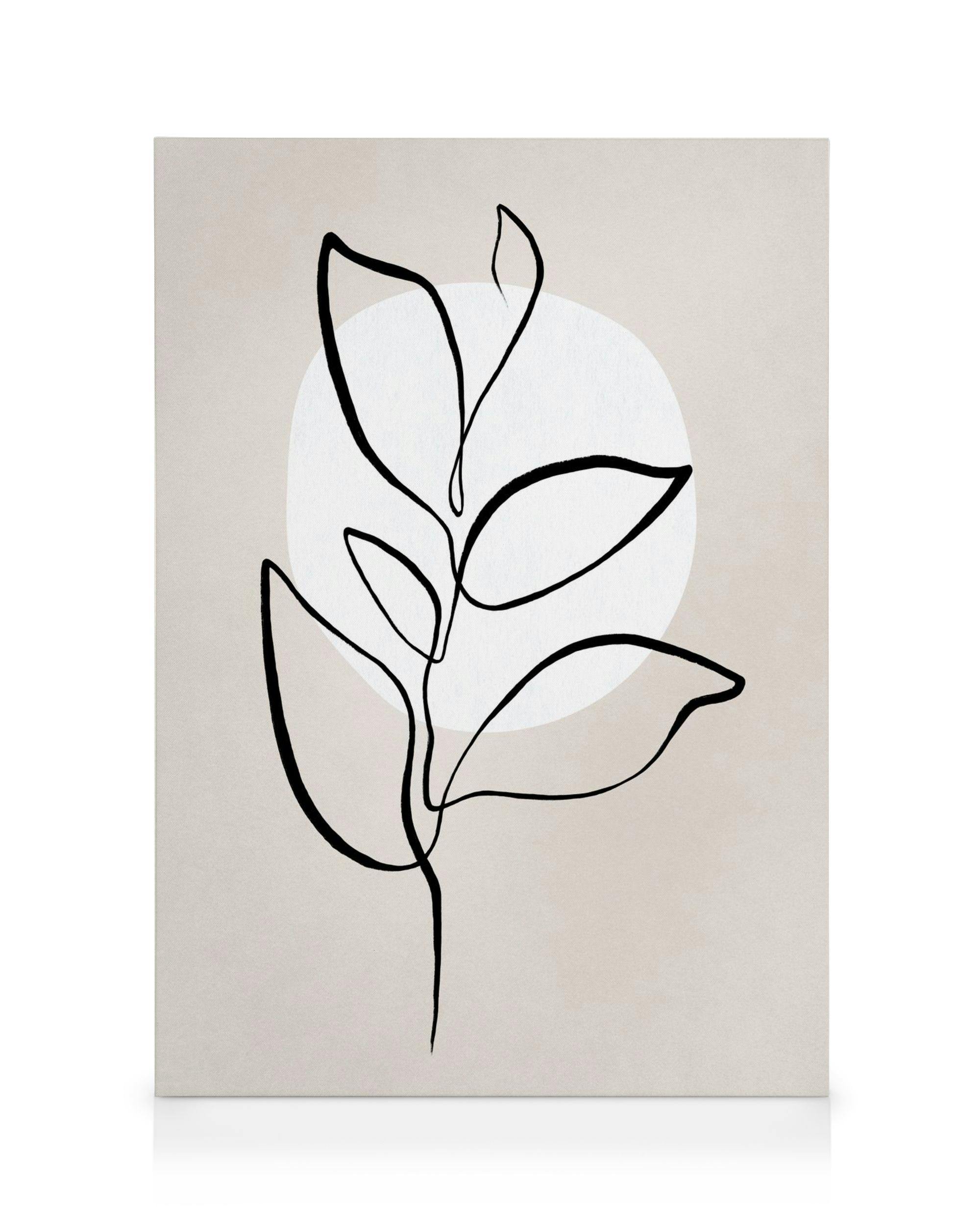 Botanical minimalist canvas print featuring black continuous line art of a plant with leaves on a beige background with a white
