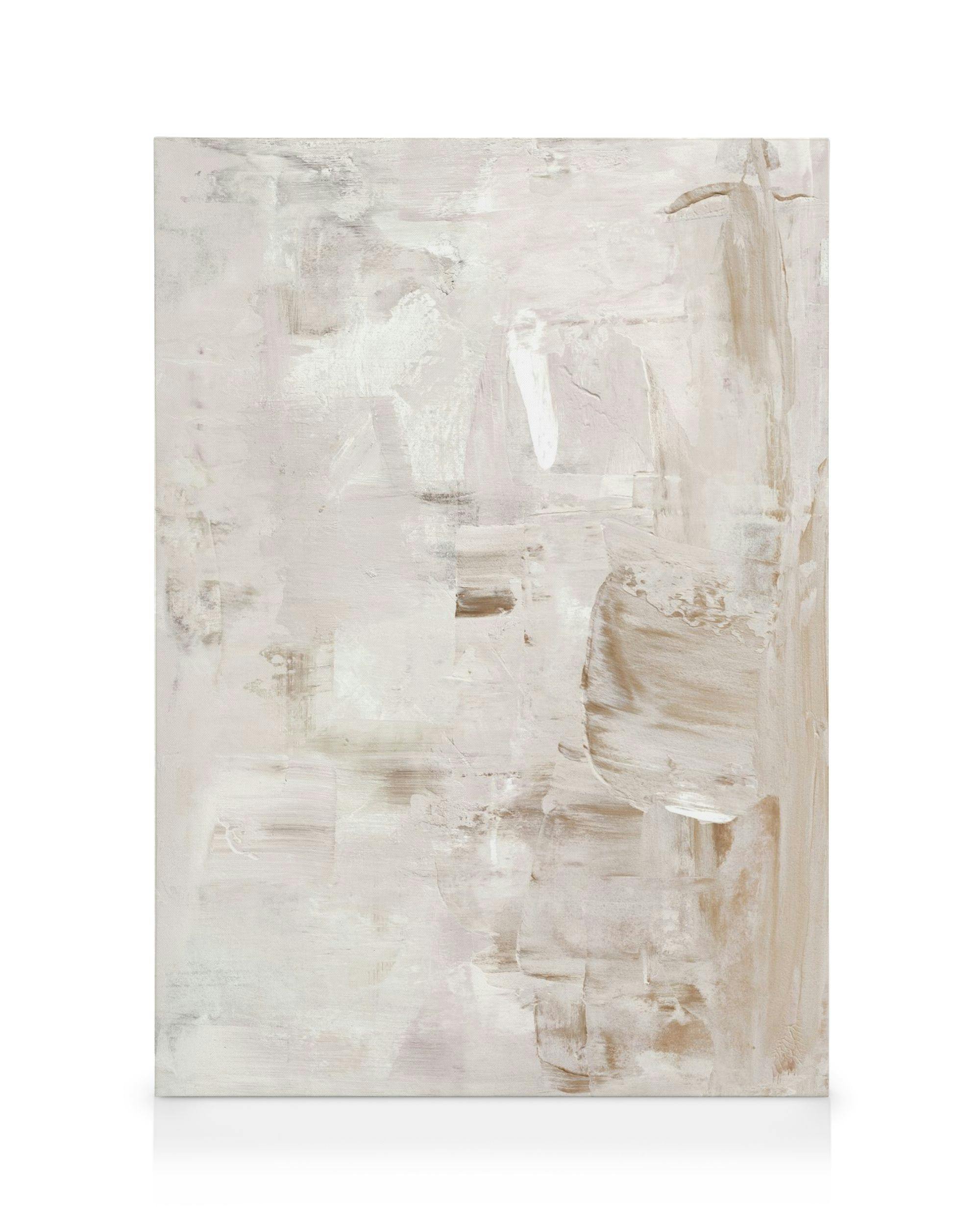 Abstract acrylic canvas with layered brushstrokes in neutral tones of beige, white, and pale brown.
