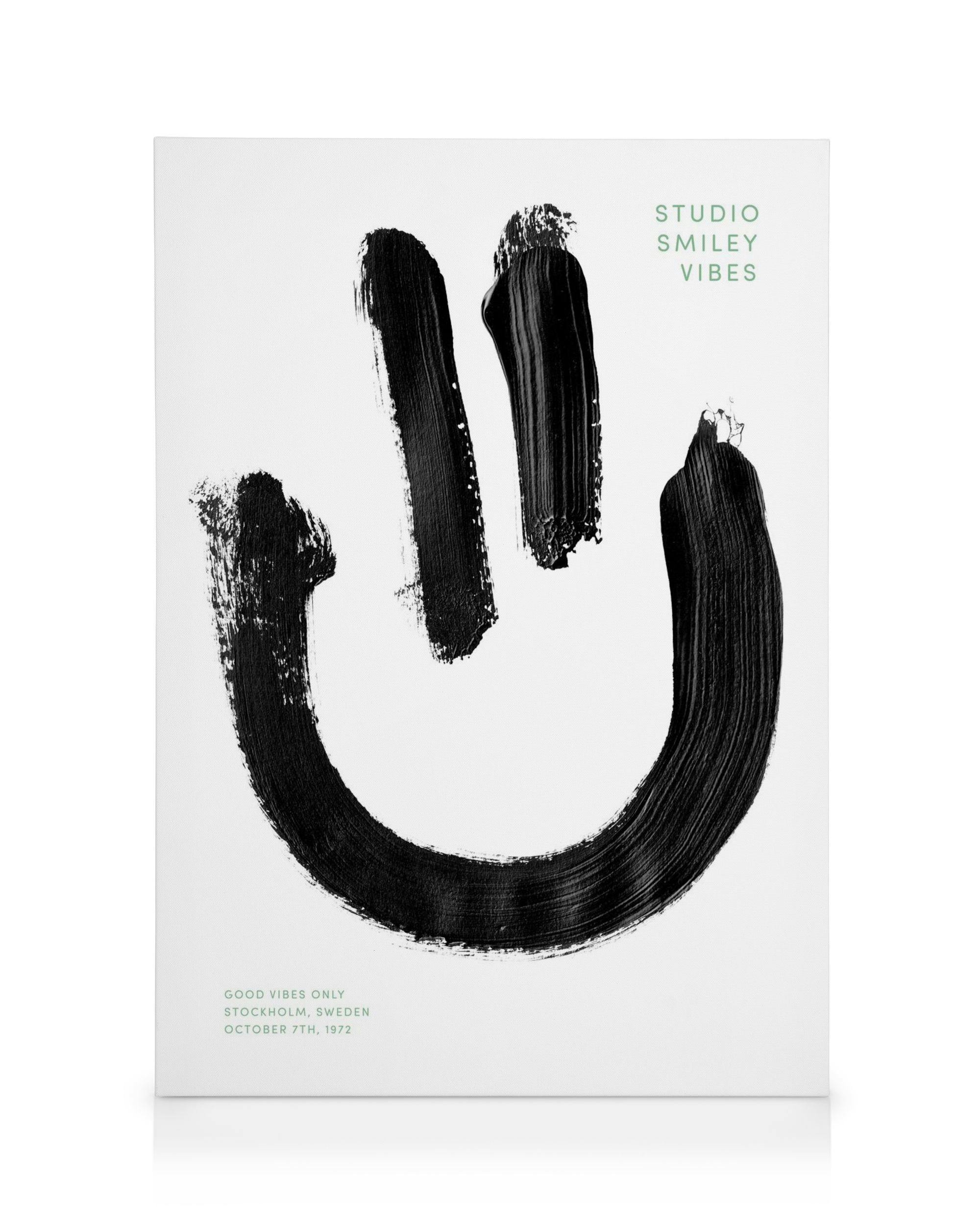 Smiley Vibe canvas, black brushstroke smiley face on white background, Studio Smiley Vibes typography.