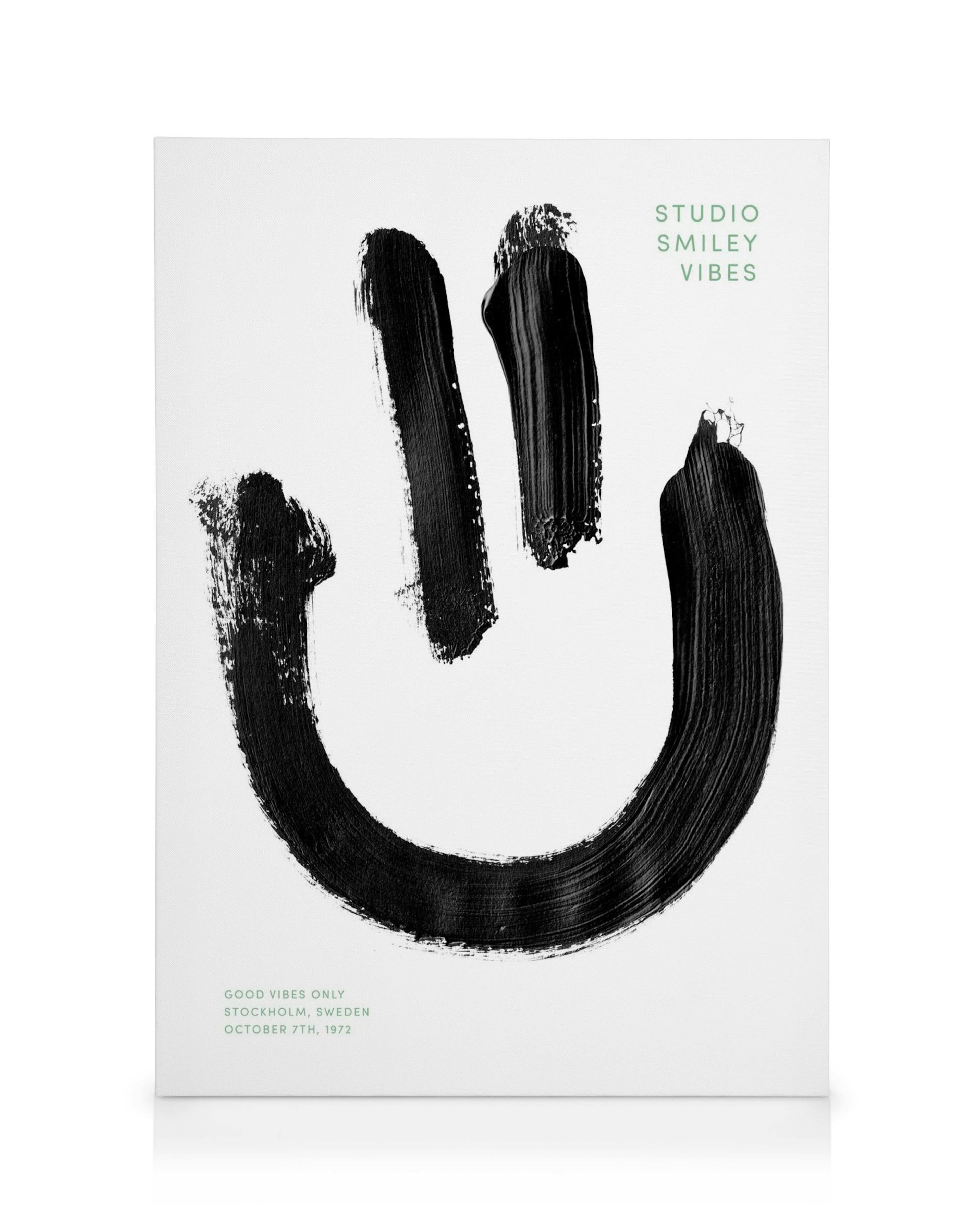 Smiley Vibe canvas, black brushstroke smiley face on white background, Studio Smiley Vibes typography.