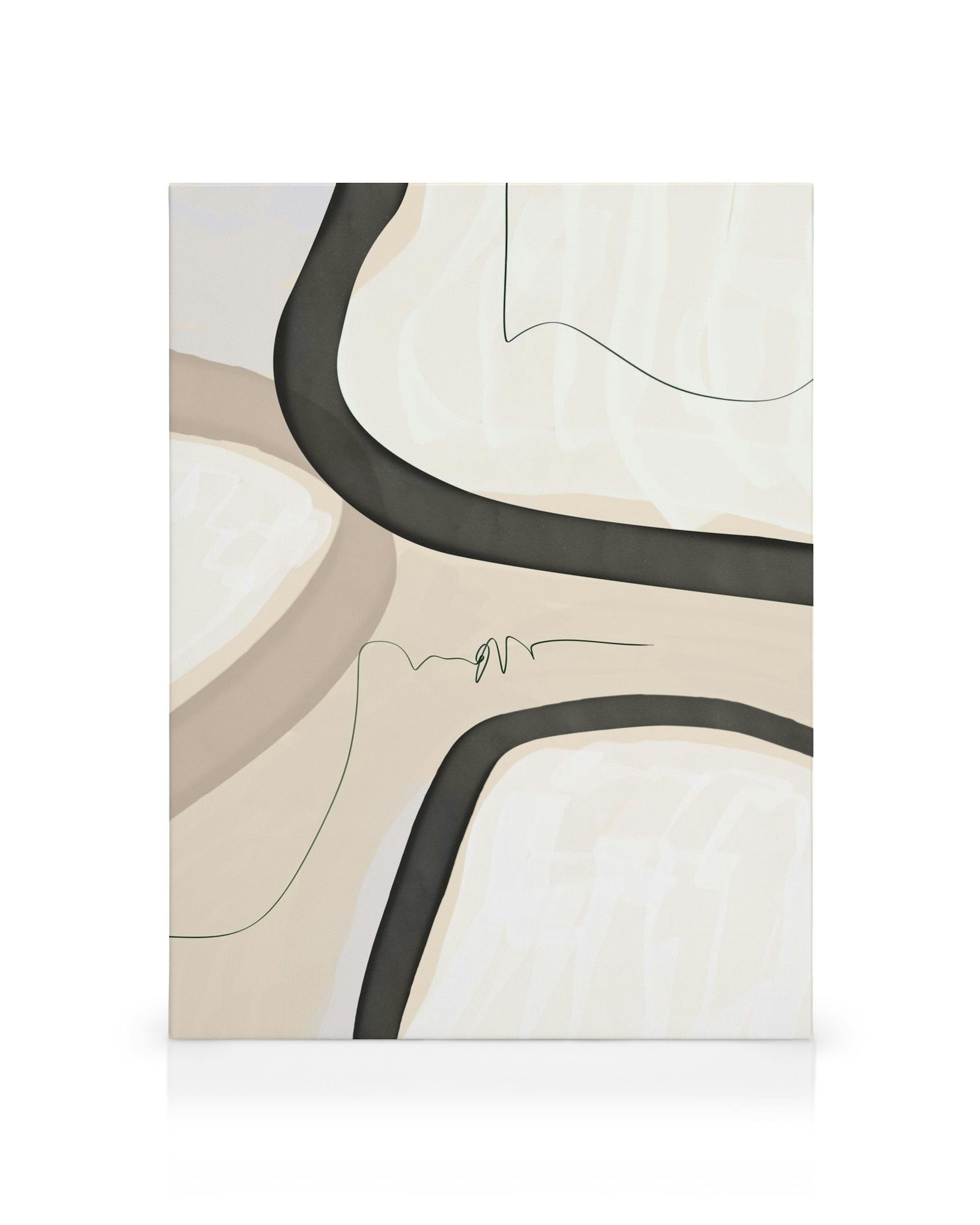 Lienzo abstracto con líneas negras, formas beige y tonos crema, creando una composición fluida y moderna.