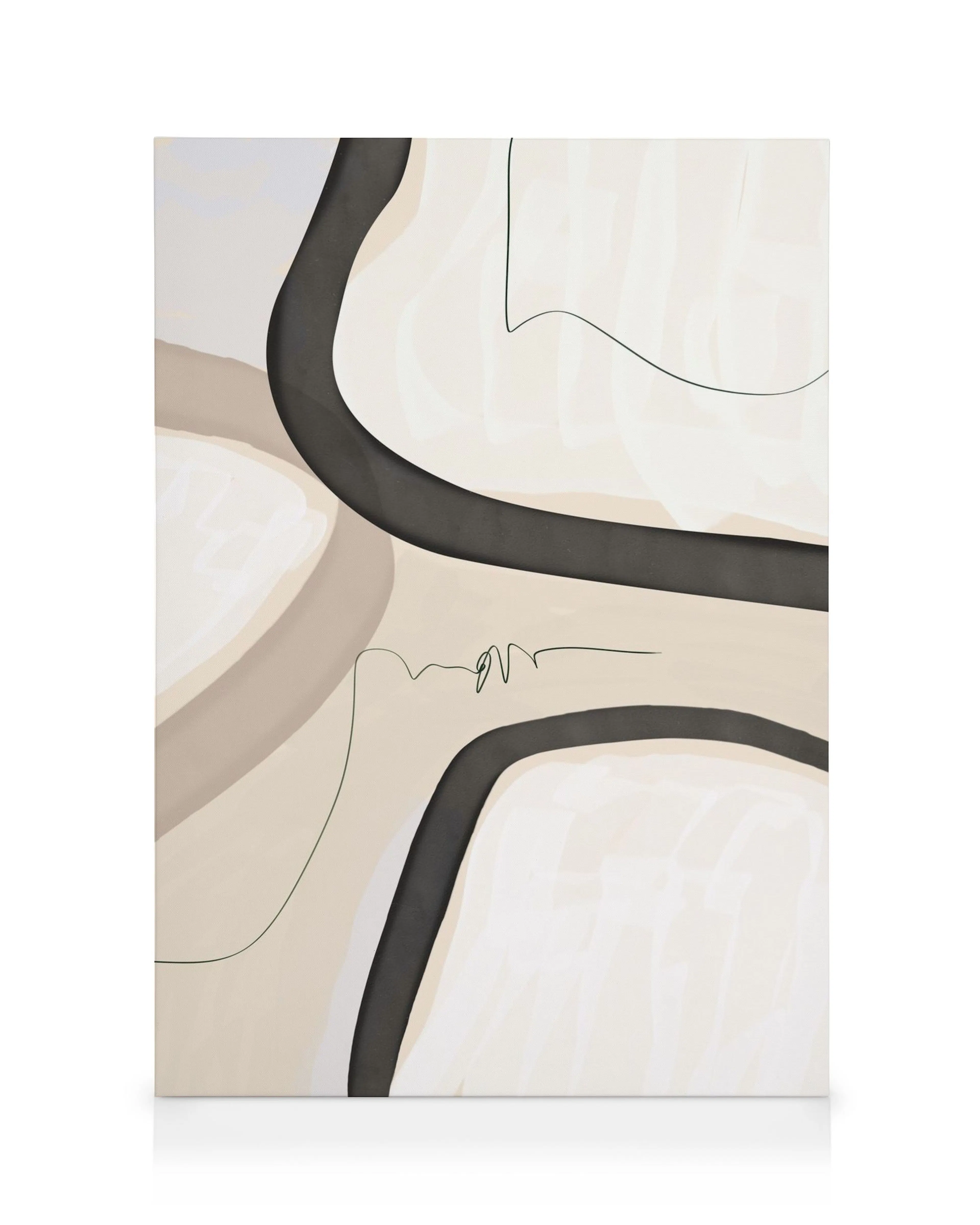Toile abstraite avec des lignes incurvées noires et des formes beiges sur fond clair avec des zones blanches, art moderne