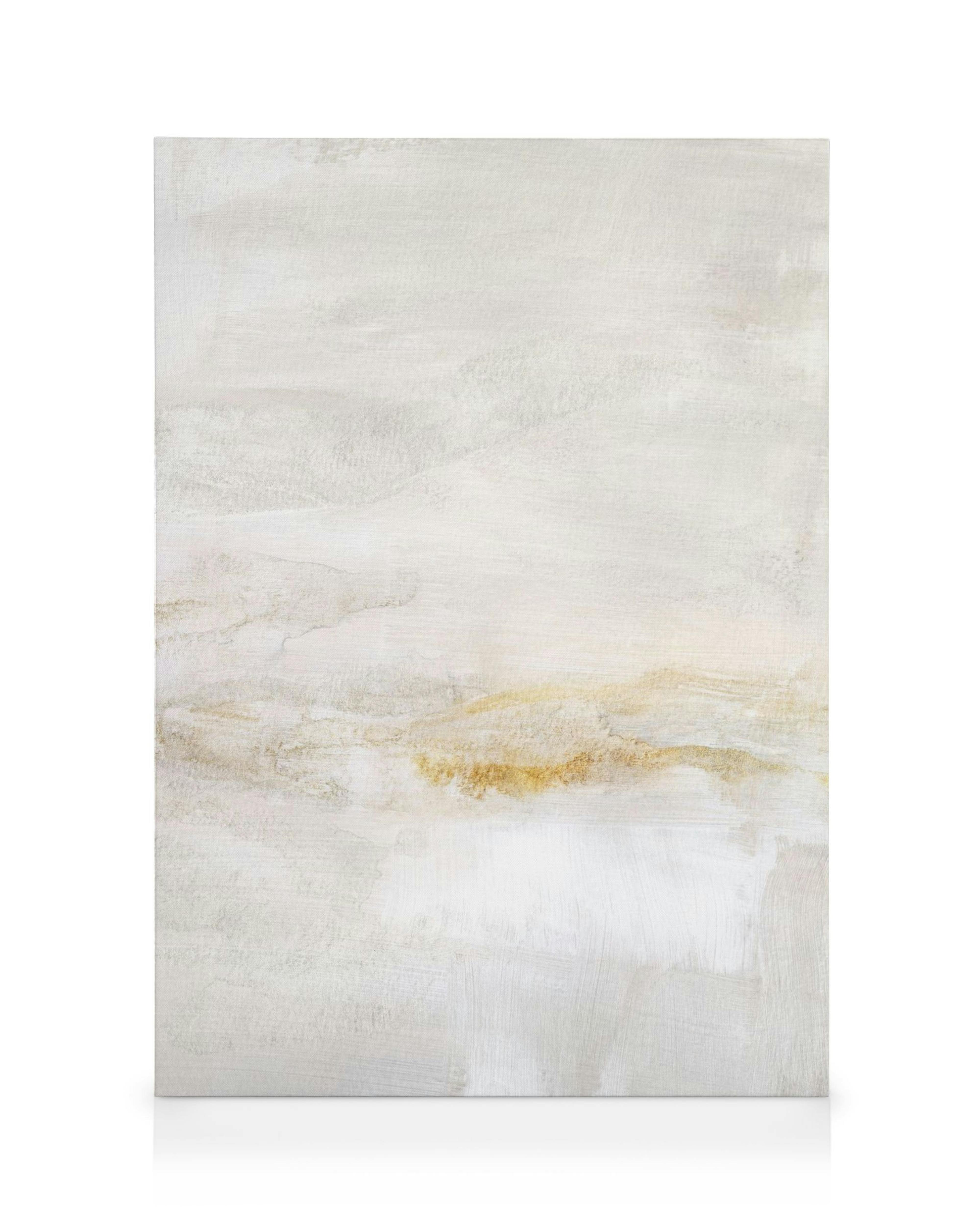 Toile abstraite minimaliste avec des coups de pinceau superposés en blanc, beige et or