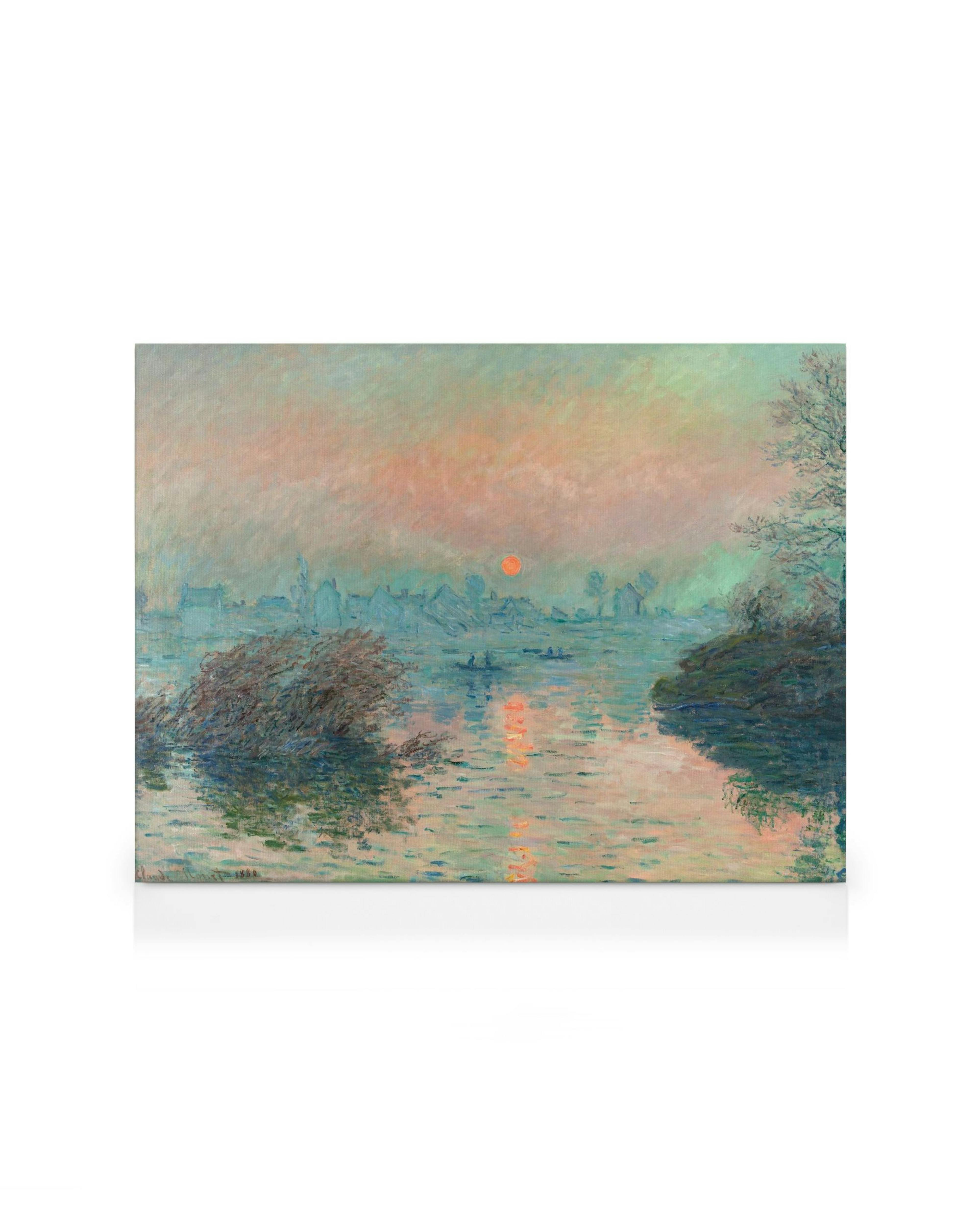 Monet impressionistisk oljemålning av solnedgång över Seine vid Lavacourt. Rosa, blå, orange penseldrag av flod, himmel, by och 