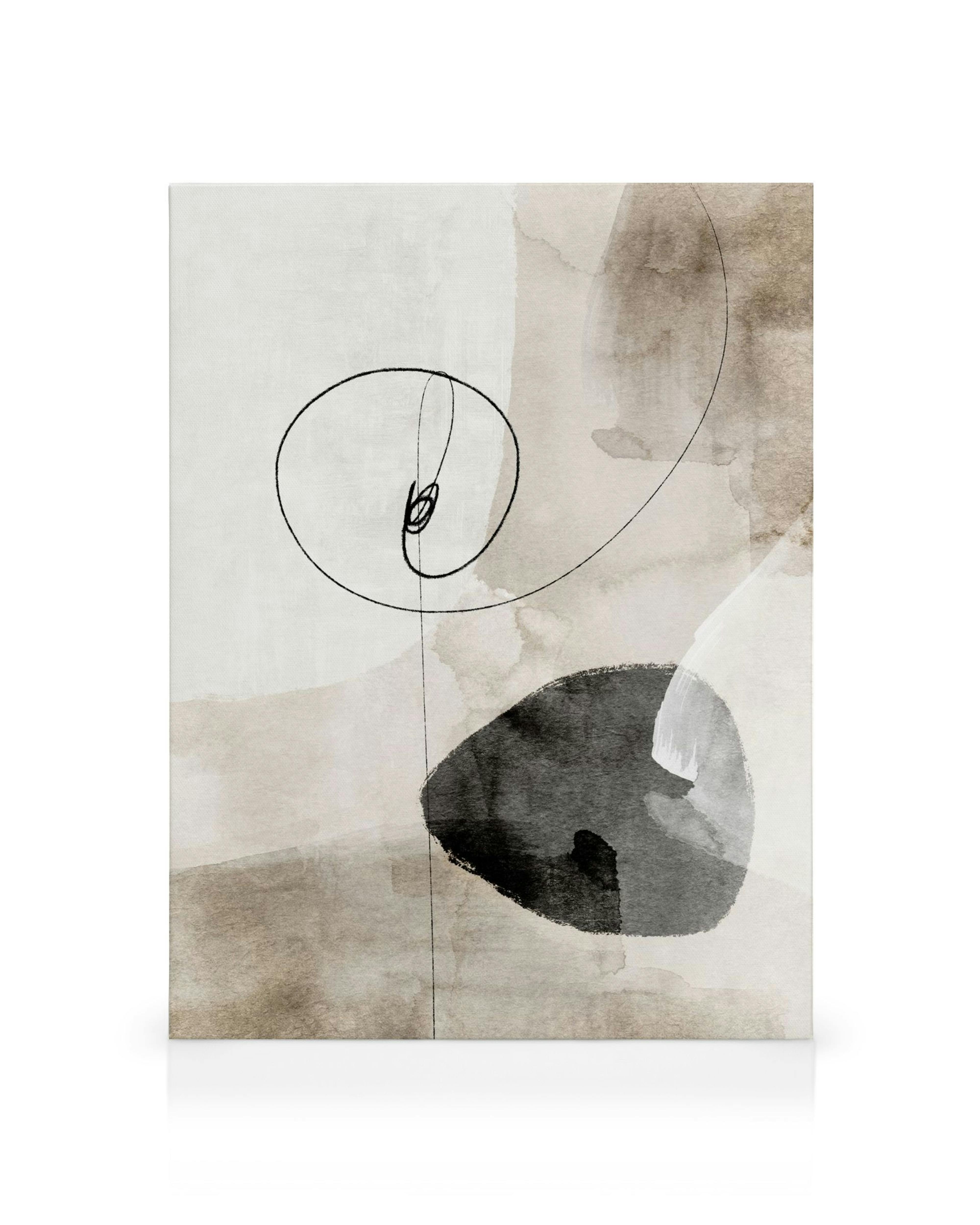 Abstracte canvas met overlappende beige, bruine en zwarte cirkels op een gebroken wit.