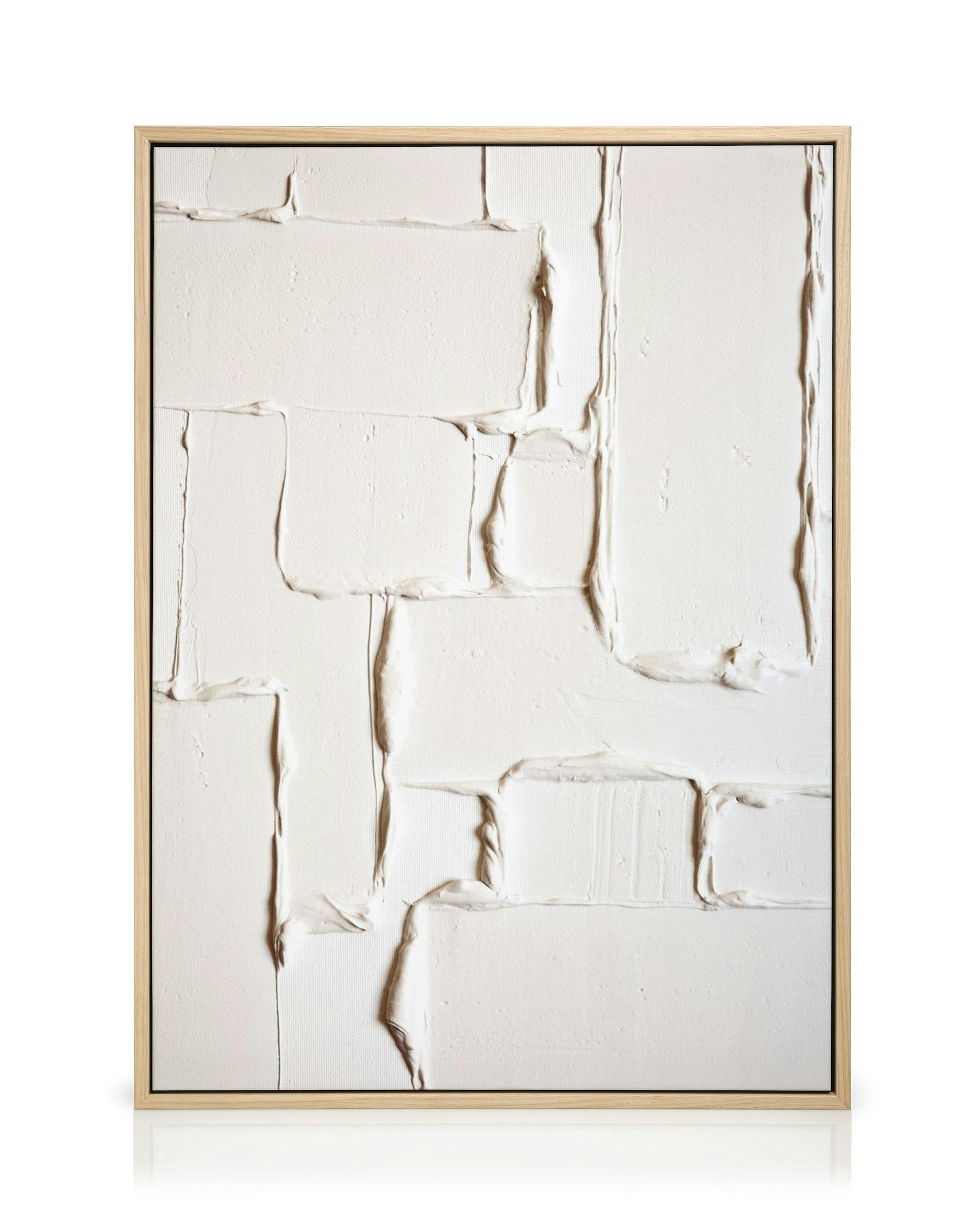 Toile beige avec motif texturé de maçonnerie blanche, effet de relief en couches