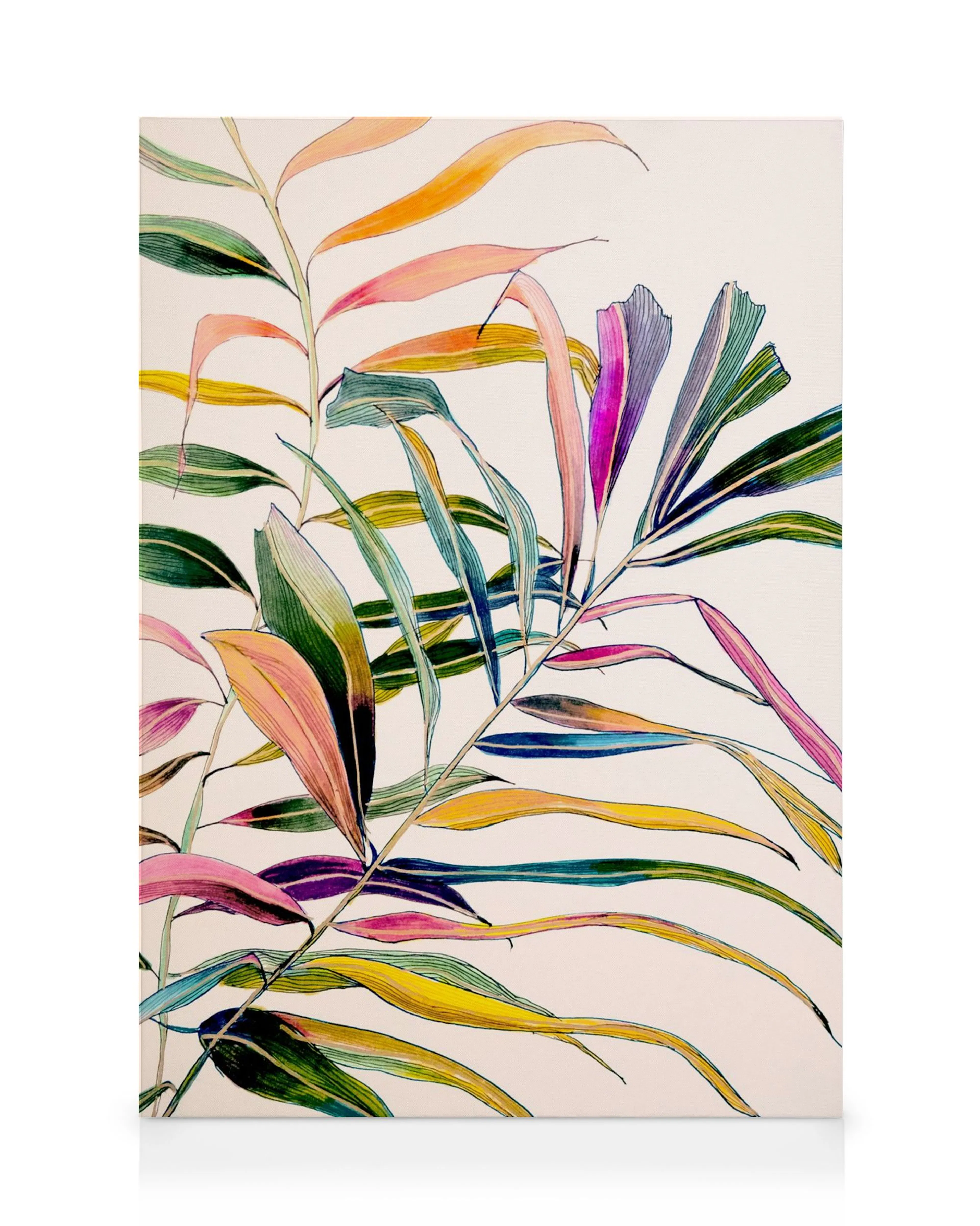 Lienzo botánico con hojas superpuestas en tonos vibrantes de rosa, verde, amarillo y azul sobre fondo claro, arte moderno
