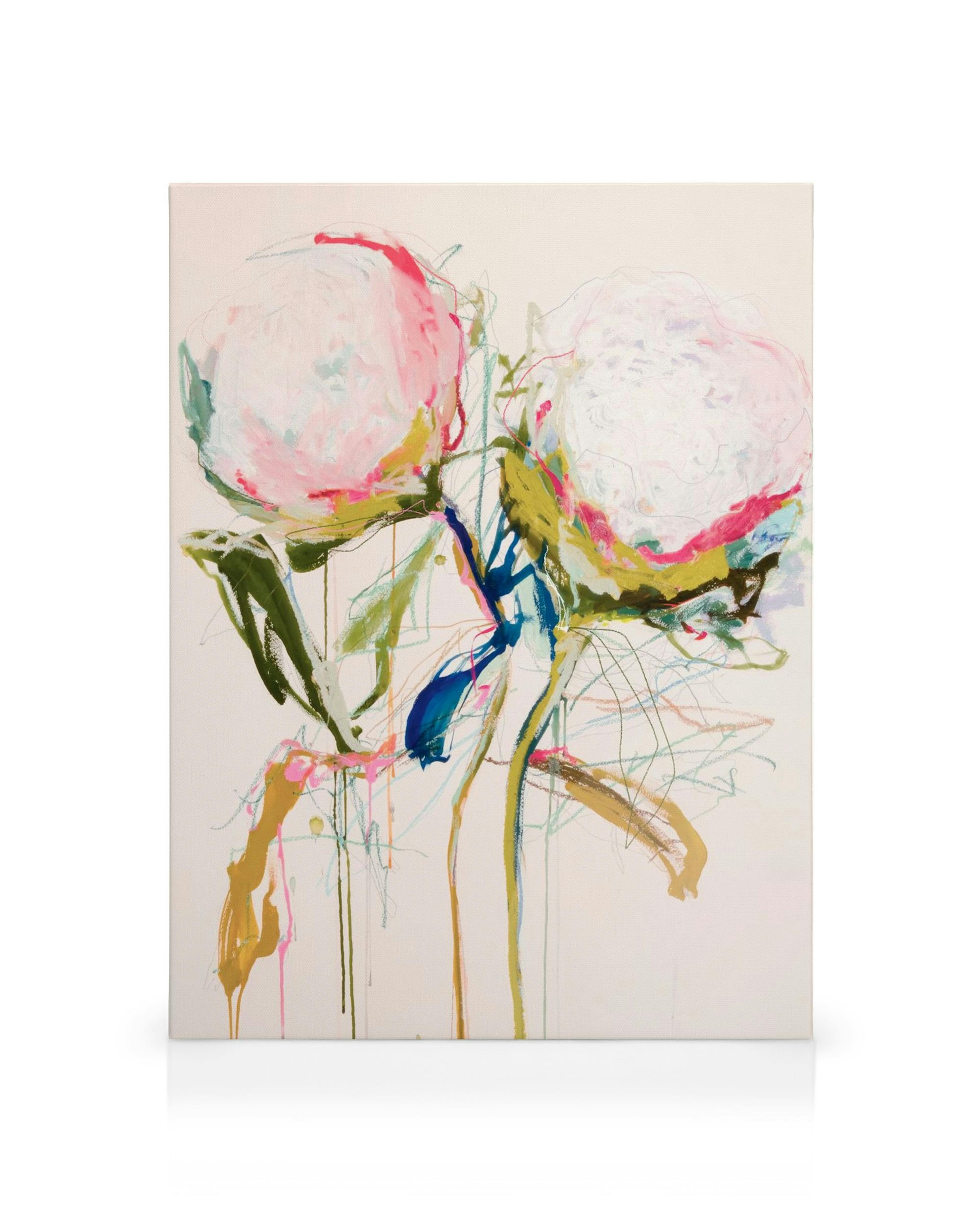 Abstrakt blommotiv med rosa, vita, blå och gula pioner, löst målade gröna stjälkar på ljus bakgrund, canvastavla.