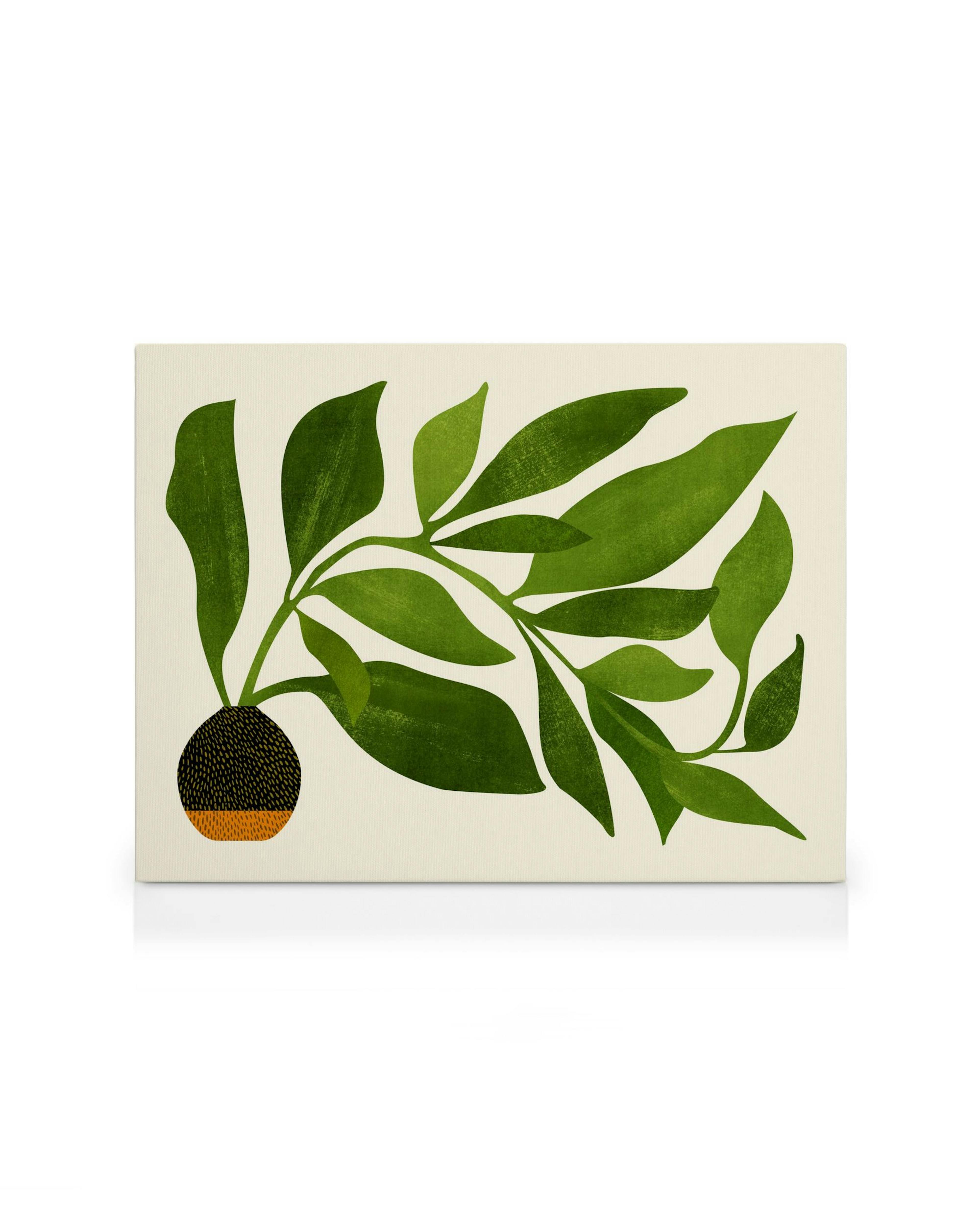 Toile de Kristian Gallagher, The Wanderer, illustrant des feuilles vertes et un fruit texturé sur fond blanc cassé, style typogr