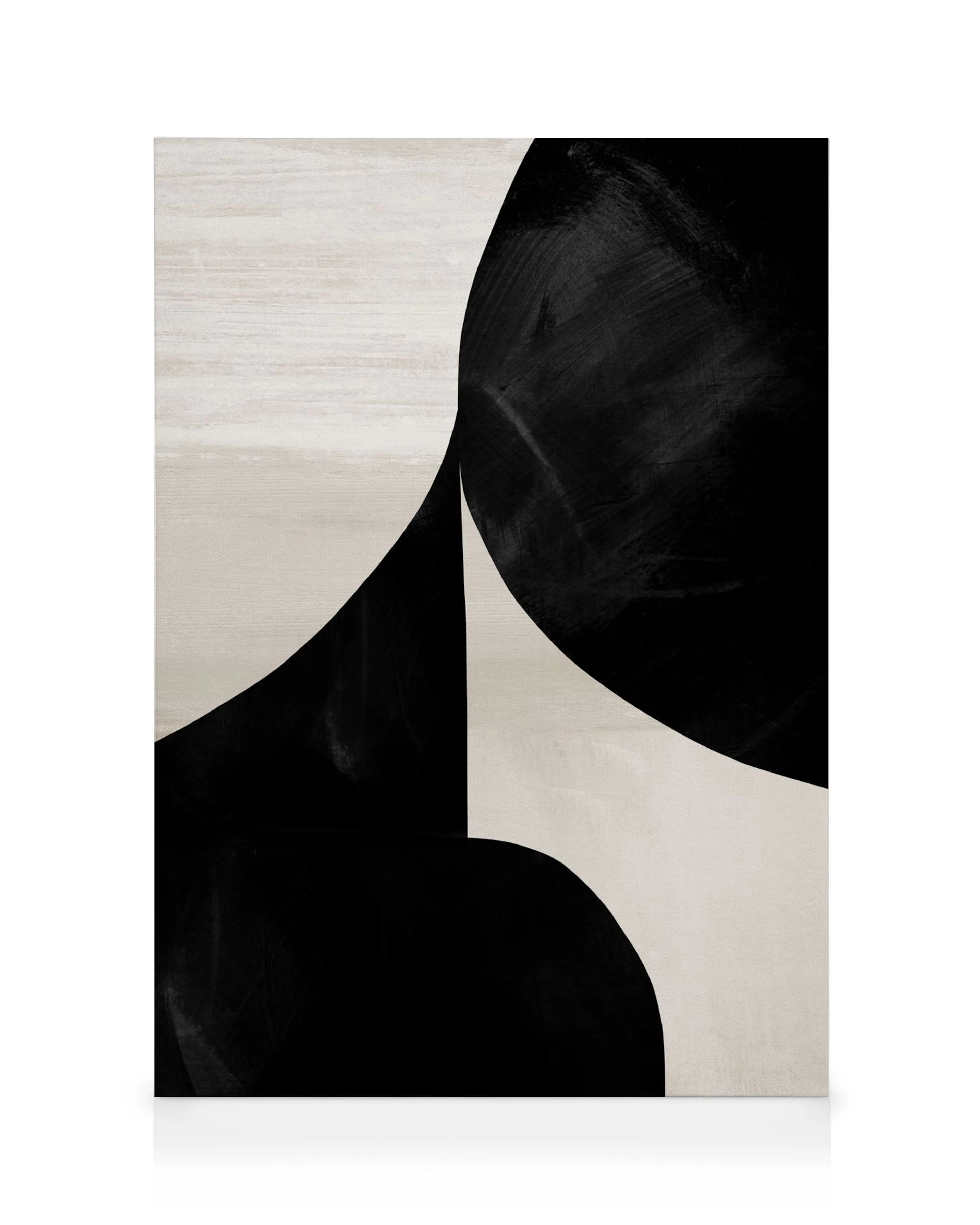 Abstract canvas print with overlapping black shapes on a beige background, perfect for a striking gallery wall.