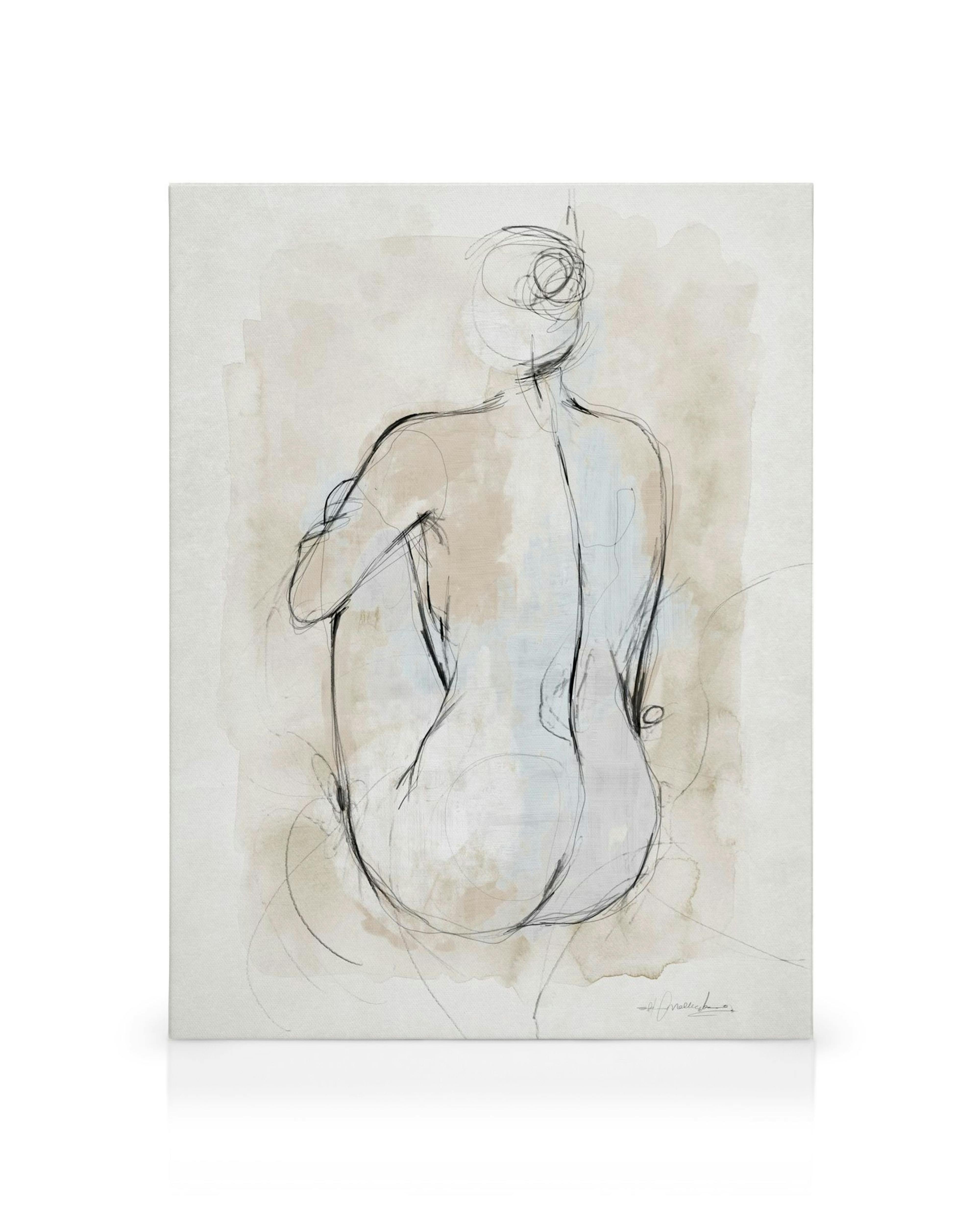 Abstrakt kroppsskiss med konturlinjer i svart, beige och blått på en ljus bakgrund, perfekt för konstälskare.