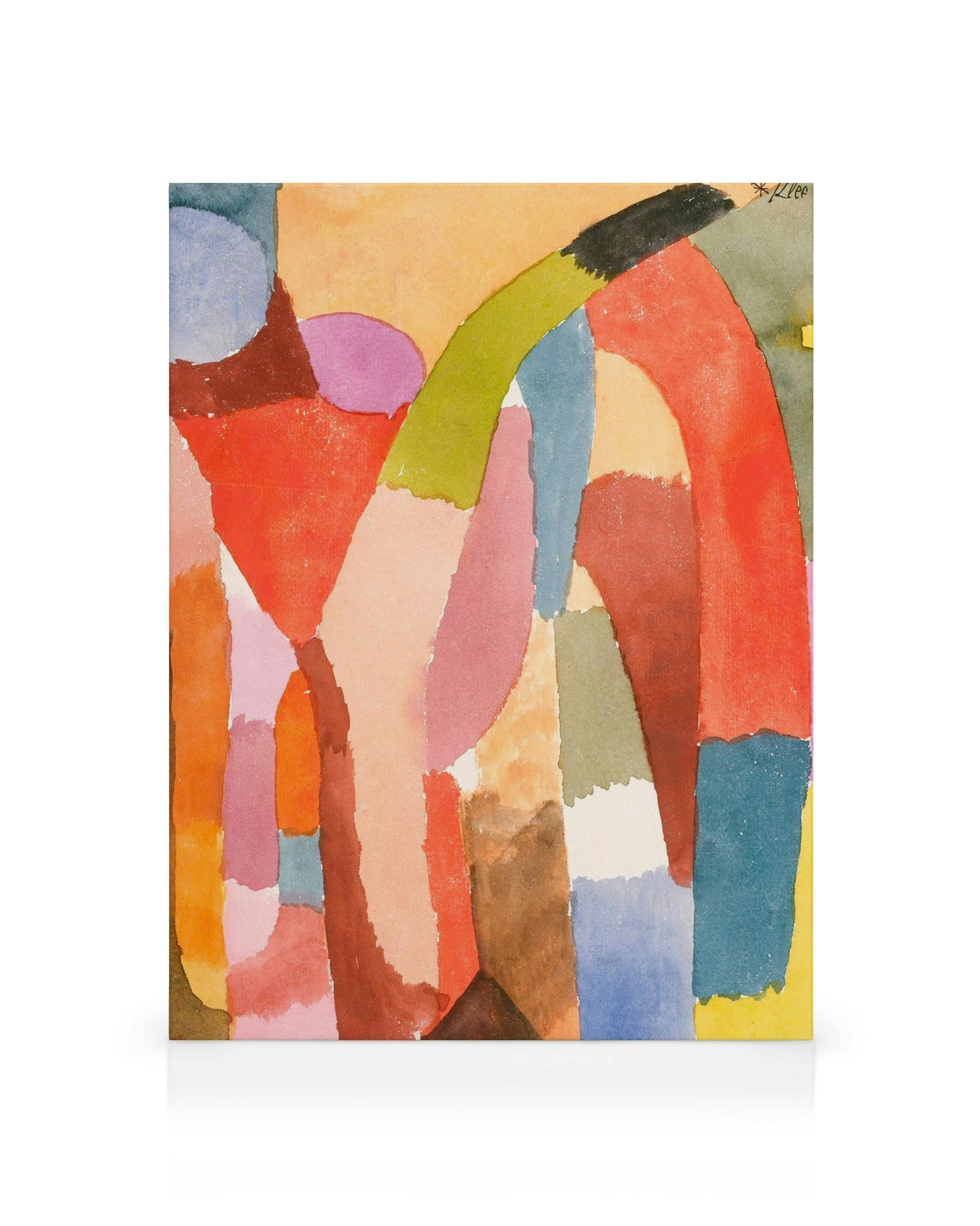 Toile abstraite vibrante, aquarelle avec des formes et lignes superposées aux couleurs vives sur fond blanc.