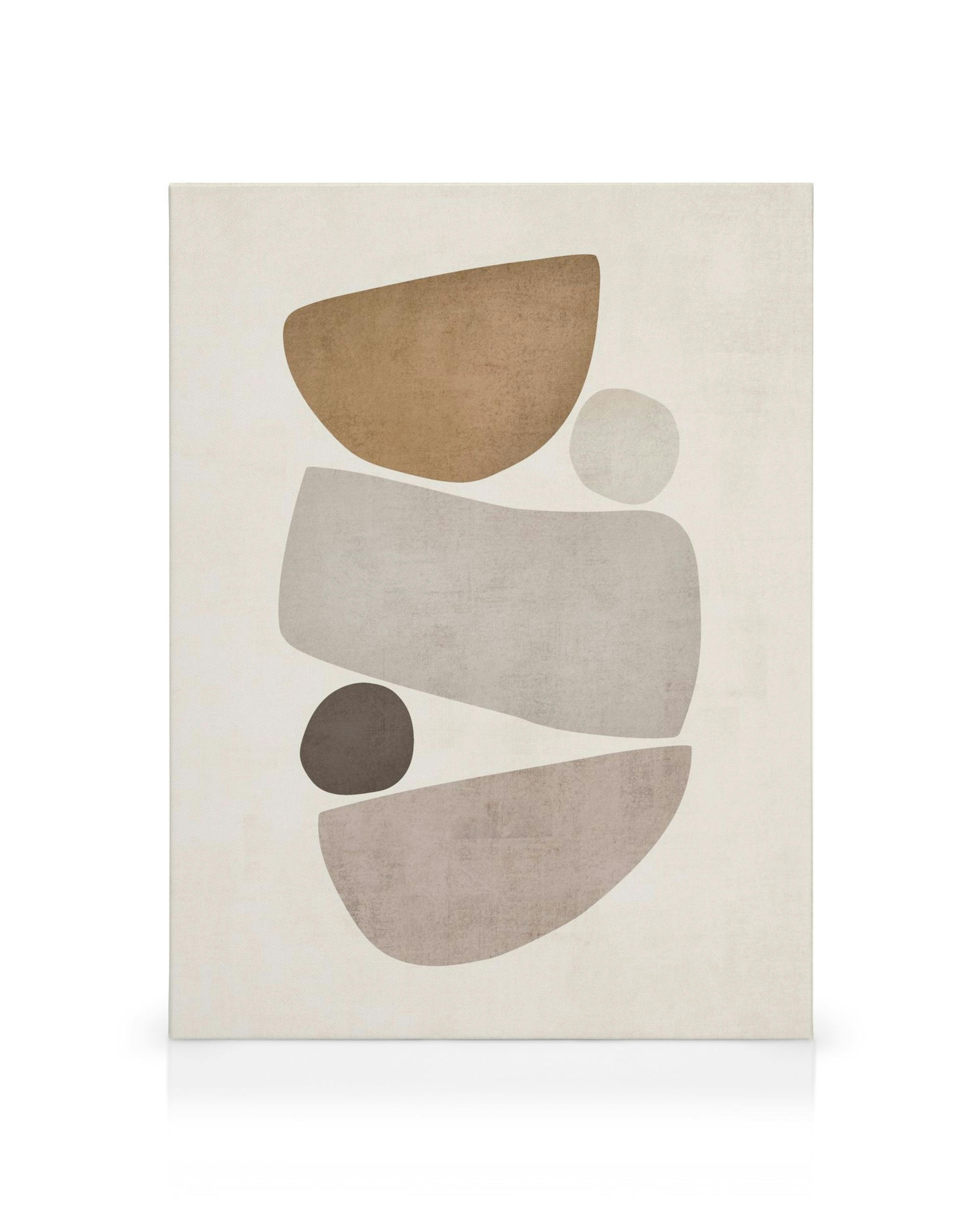 Abstraktný obraz na plátne s béžovými a sivými štruktúrovanými tvarmi na krémovom pozadí.