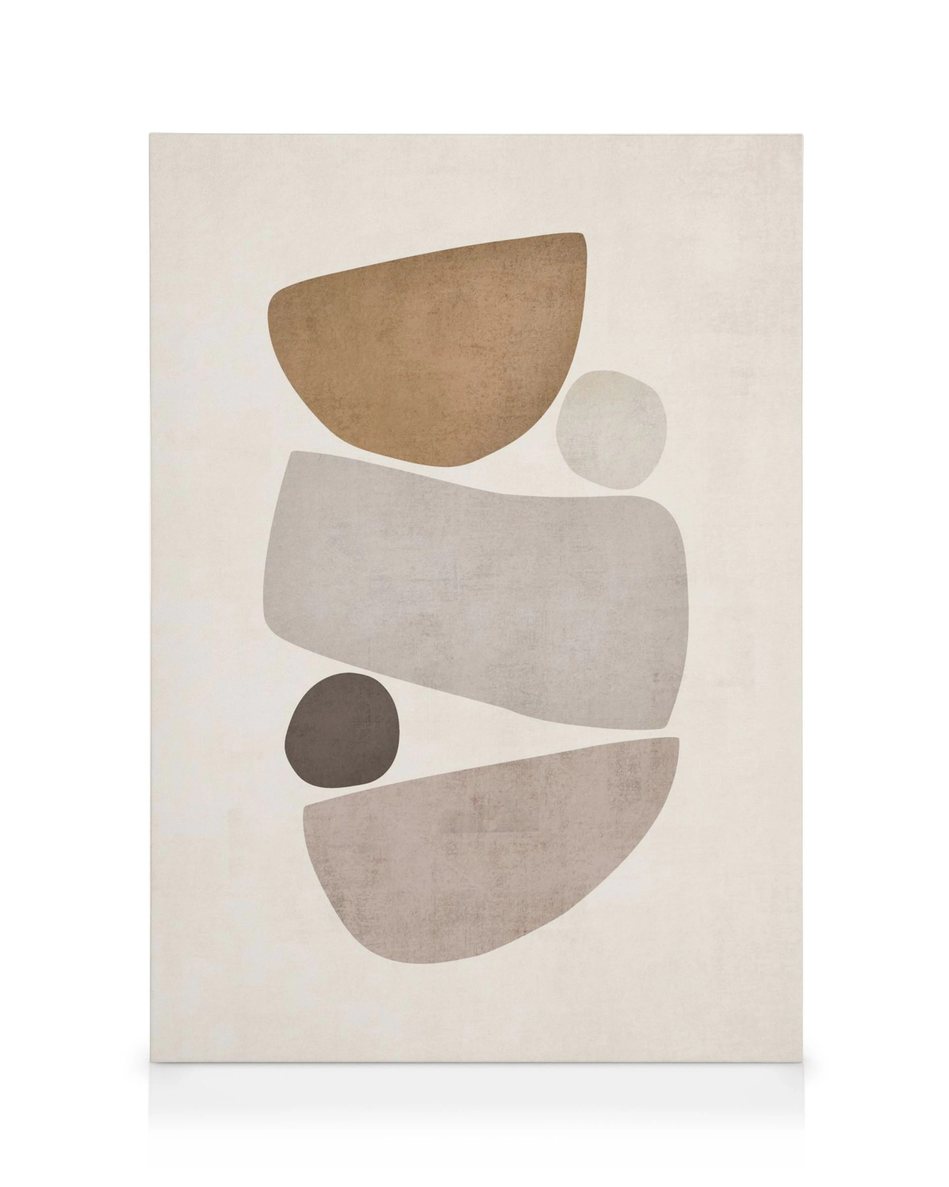 Harmonic canvas print with stacked beige, grey, and brown abstract shapes on a light textured background.